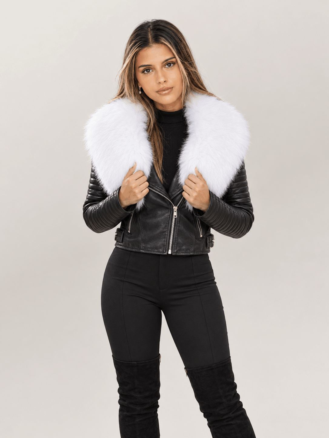 Women's Black Leather Biker Jacket With Fur Collar