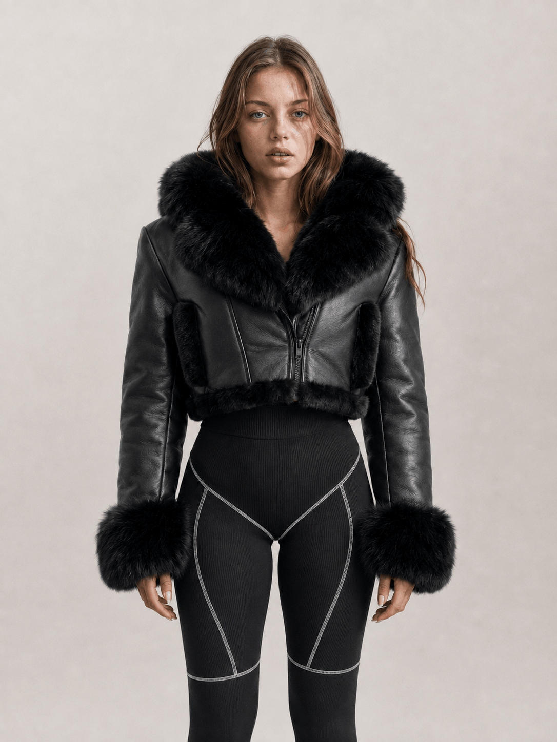 Women's Black Cropped Shearling Leather Jacket - Image 6