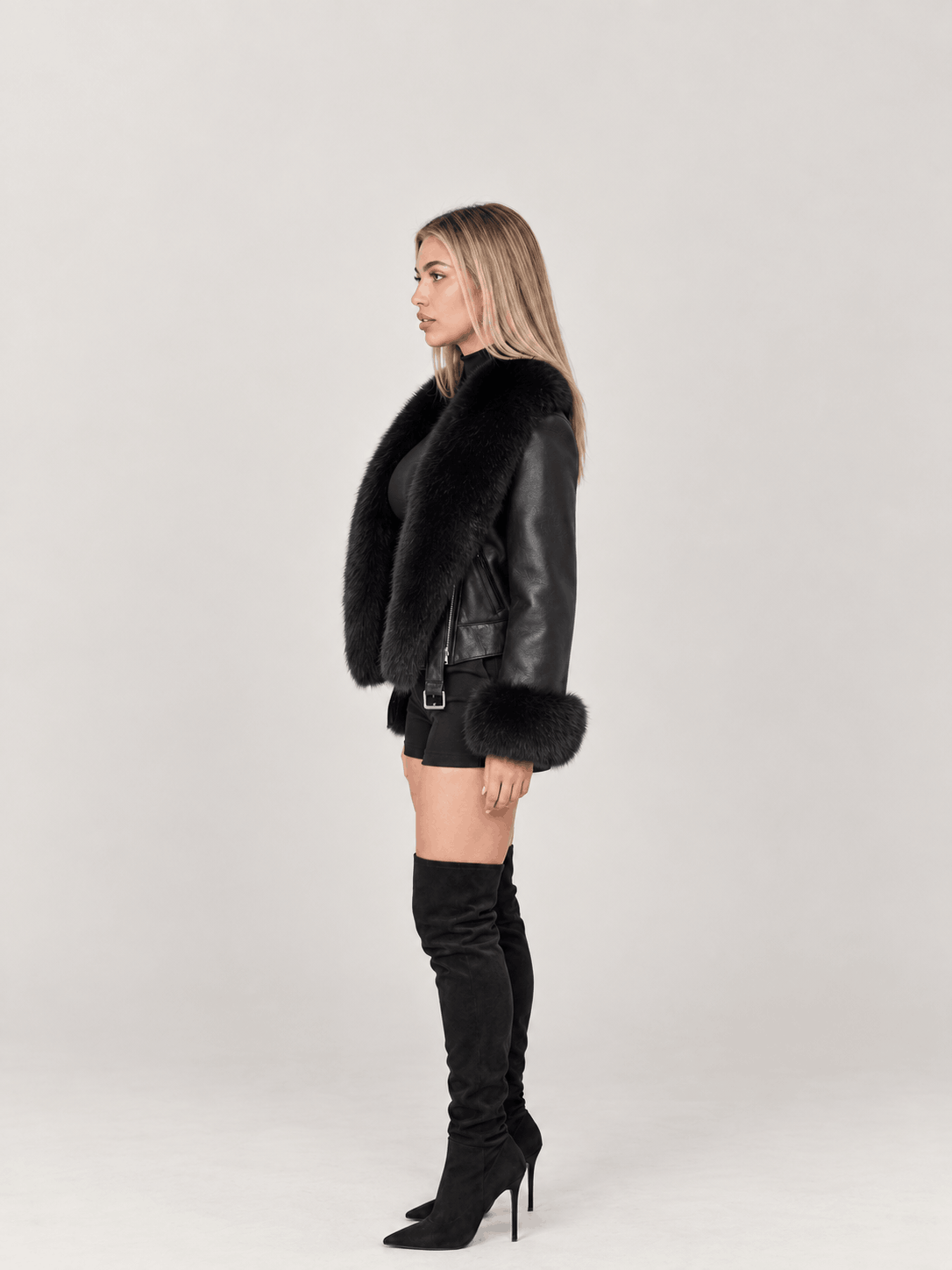 Women's Black Shearling Leather Biker Jacket - Image 4