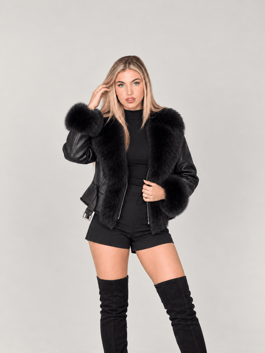 Women's Black Shearling Leather Biker Jacket