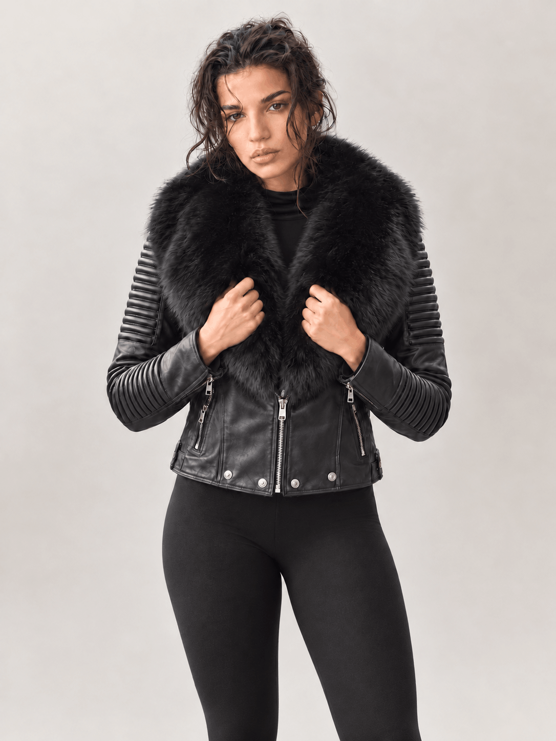 Women's Black Leather Biker Jacket With Fur Trim - Image 5