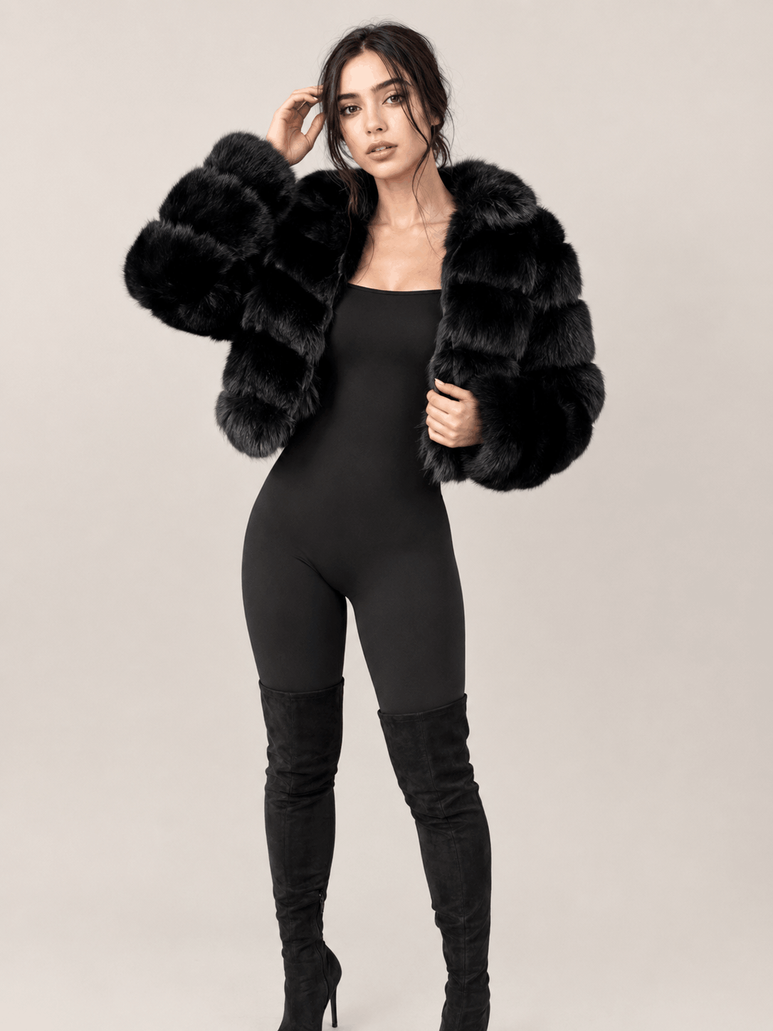 Women's Black Cropped Fur Jacket With Hood