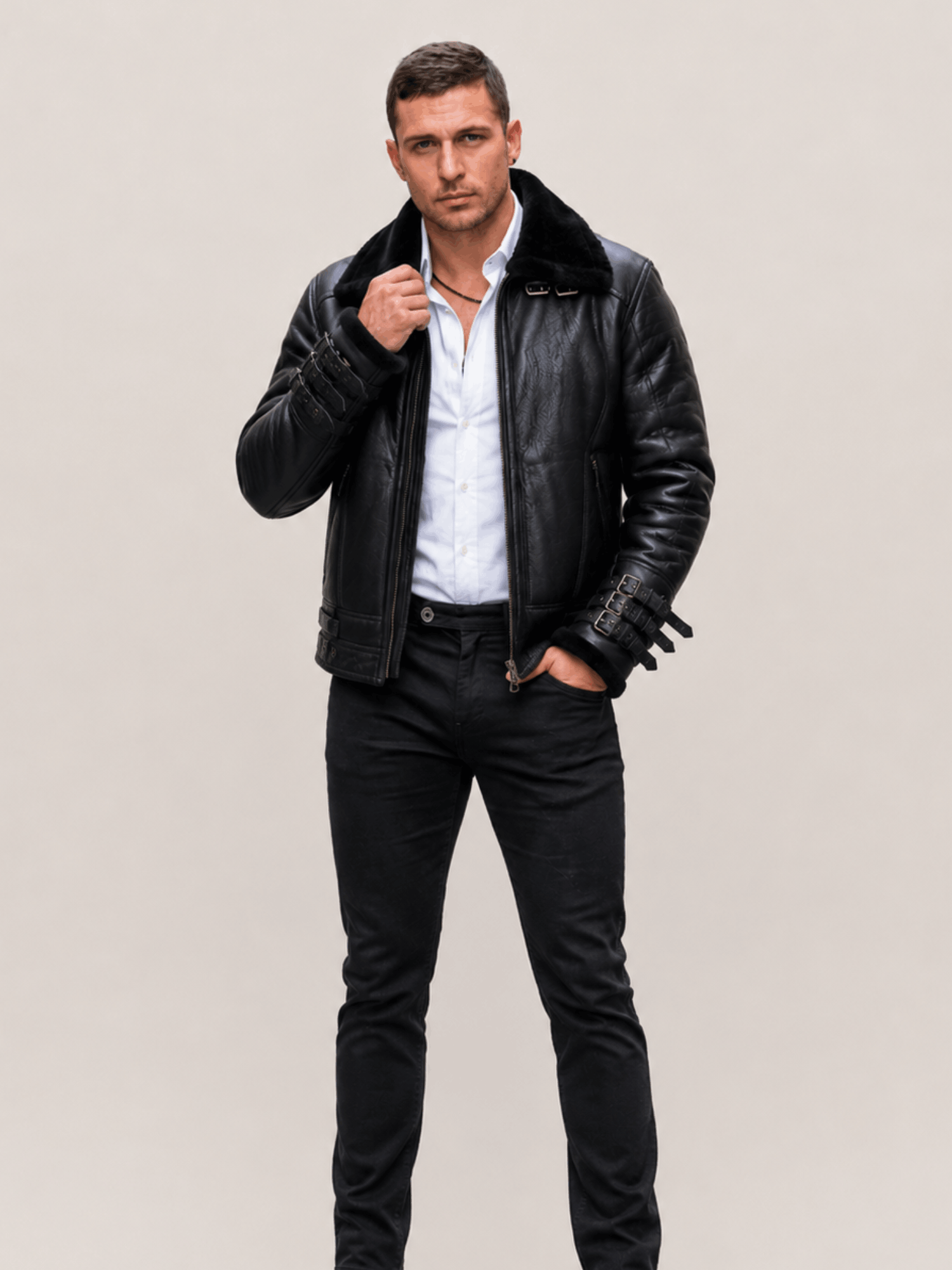 Men's Affliction Black Fur Collar Shearling Jacket