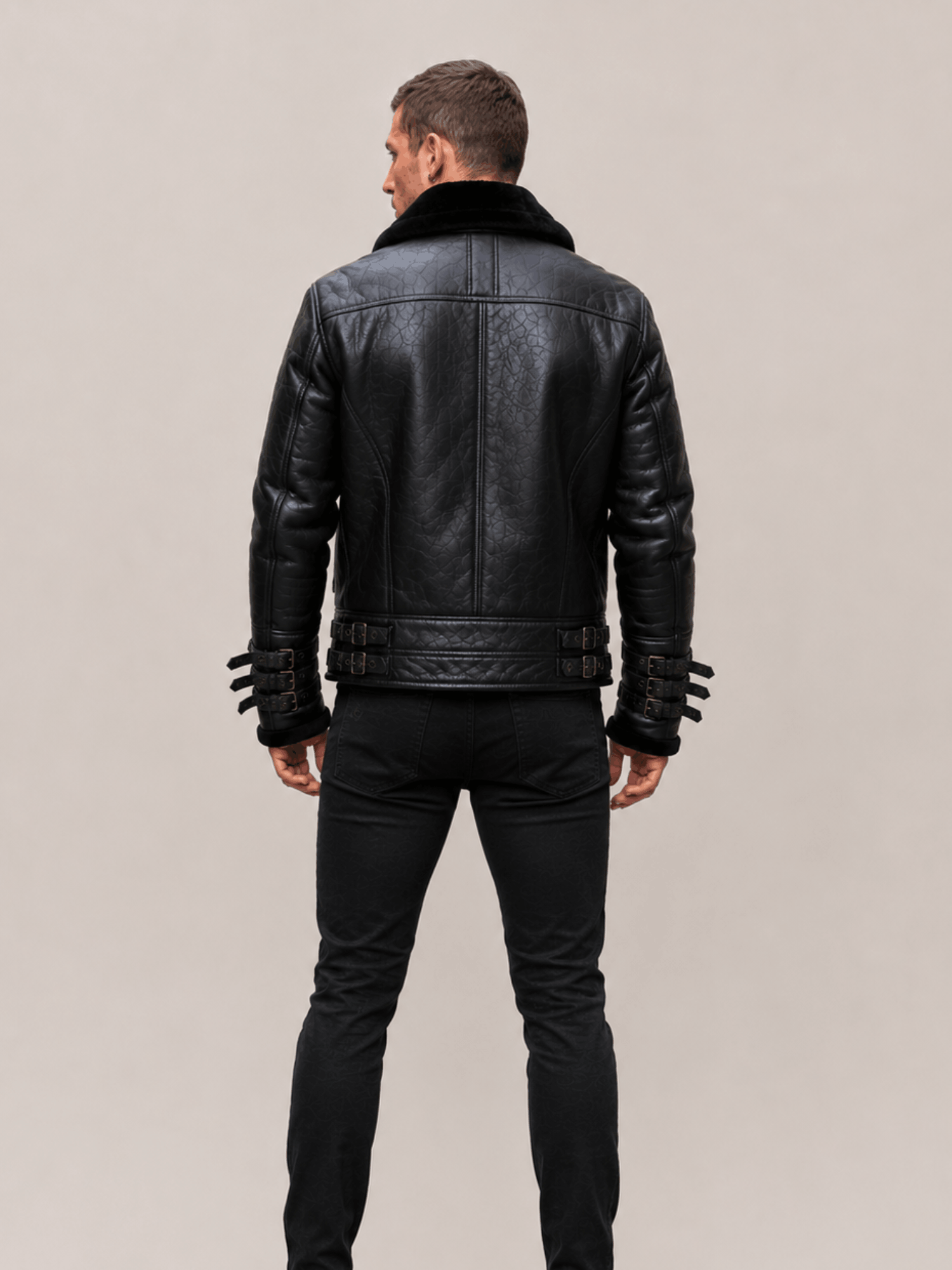 Men's Affliction Black Fur Collar Shearling Jacket - Image 3