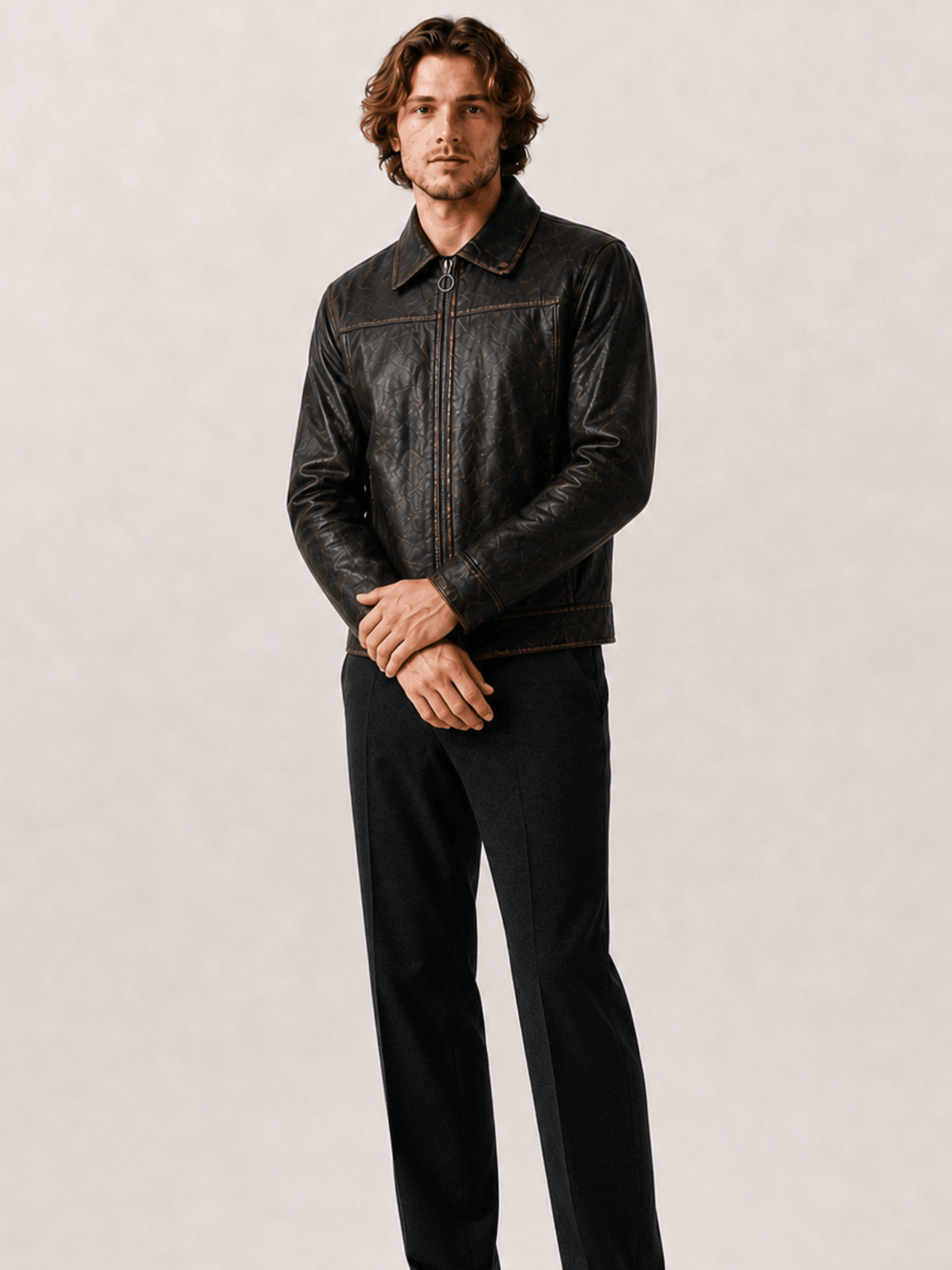 Men's Alkan Zip Up Two Tone Leather Jacket - Image 3