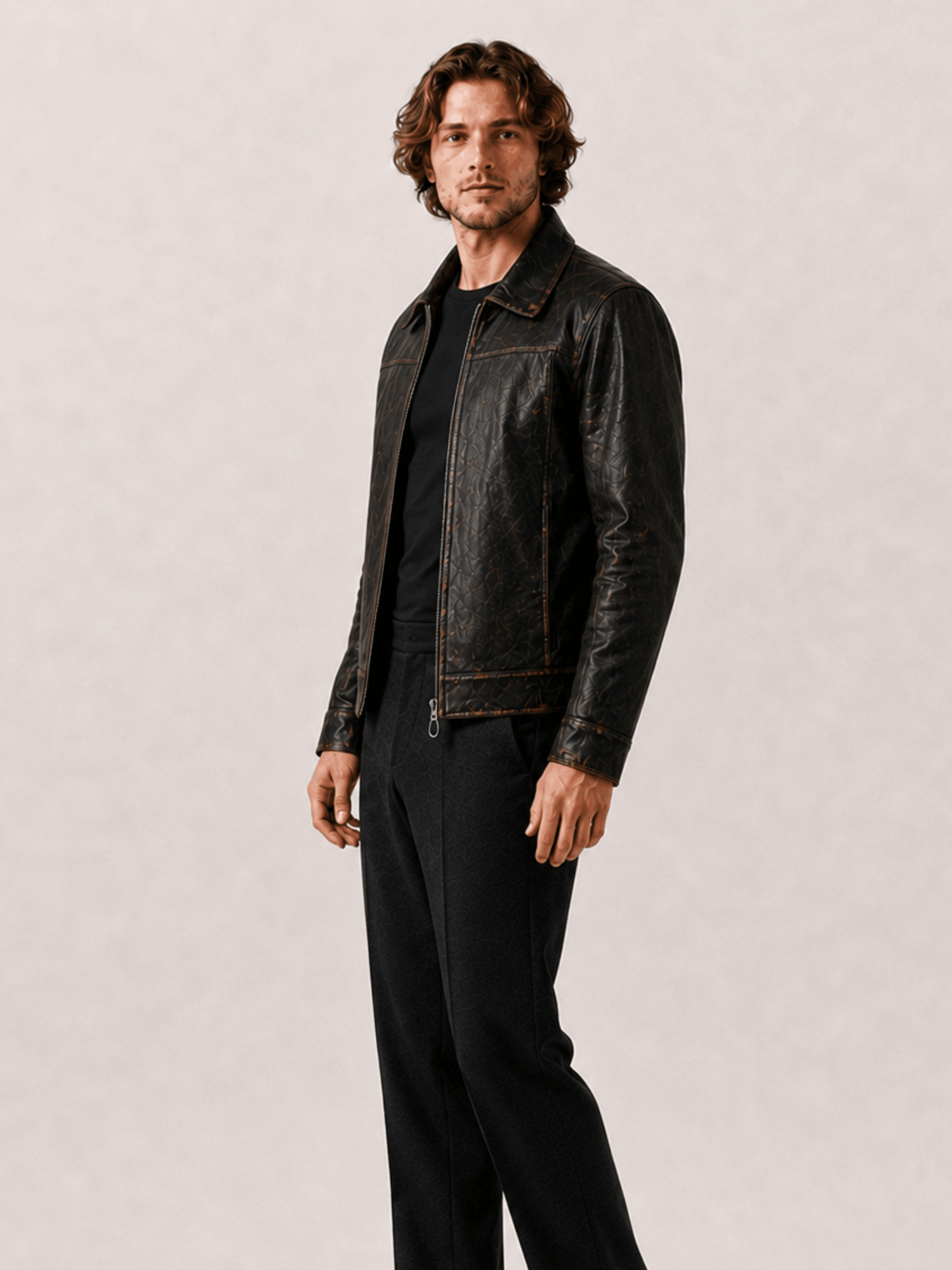 Men's Alkan Zip Up Two Tone Leather Jacket - Image 4