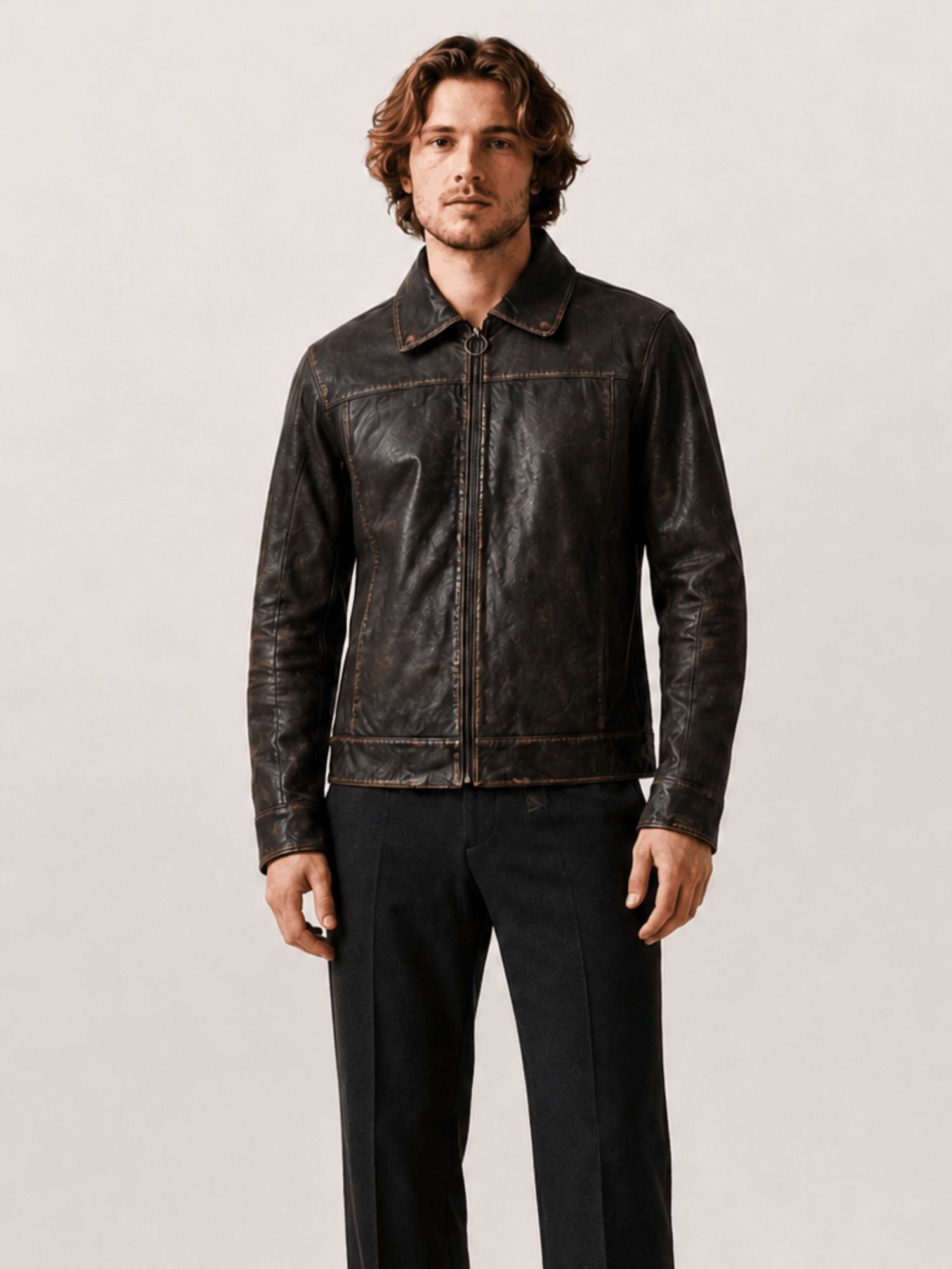 Men's Alkan Zip Up Two Tone Leather Jacket - Image 5