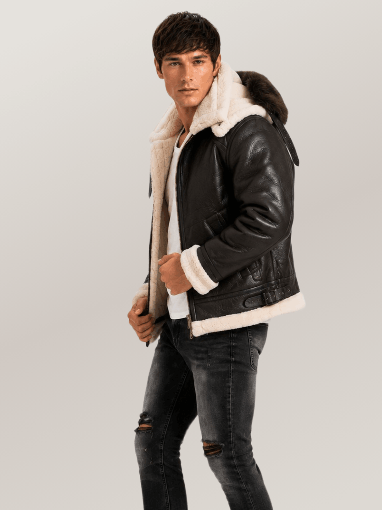 Men's All Black B-3 Hooded Sheepskin Bomber Leather Jacket - Image 3
