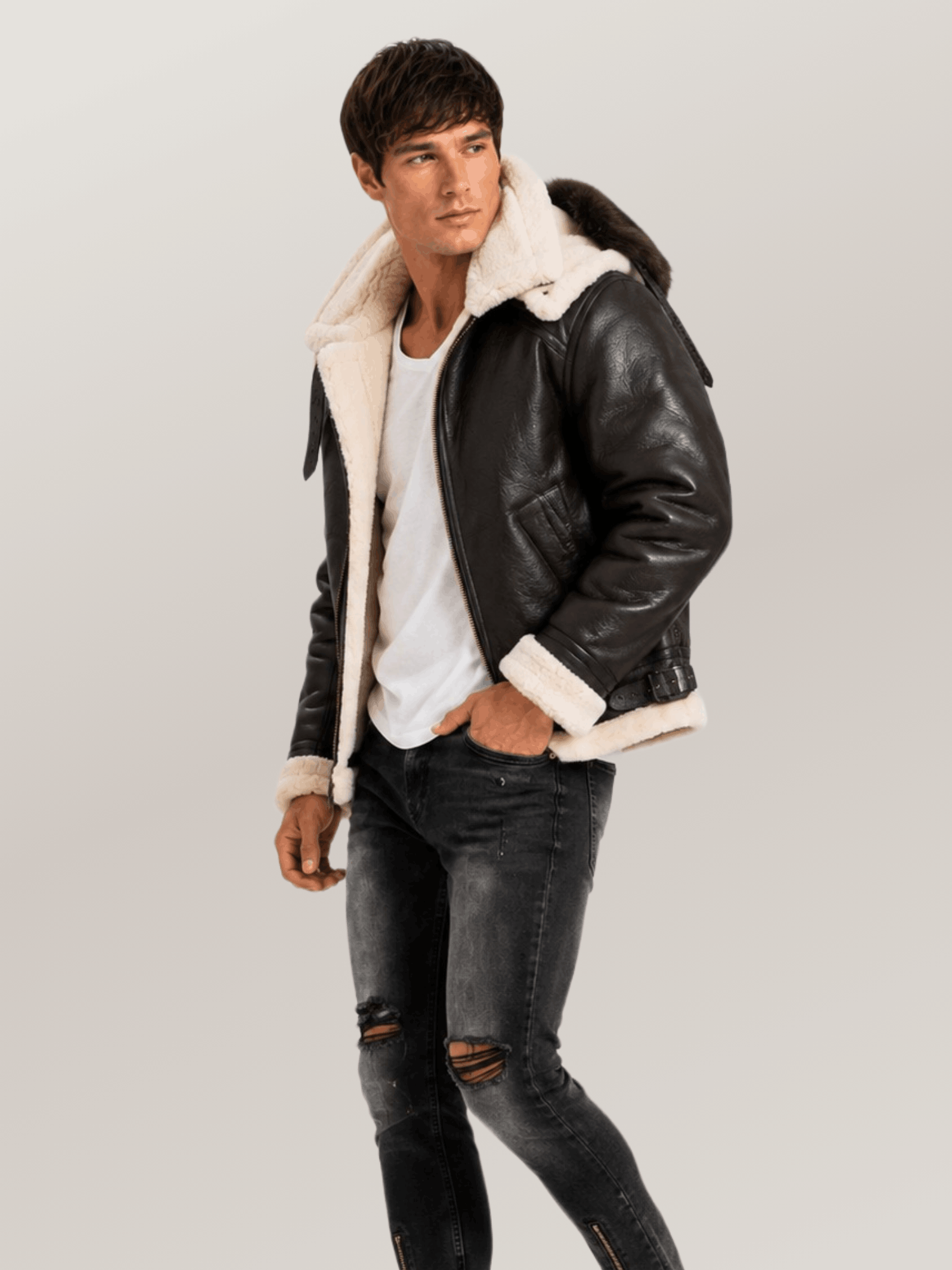 Men's All Black B-3 Hooded Sheepskin Bomber Leather Jacket - Image 4