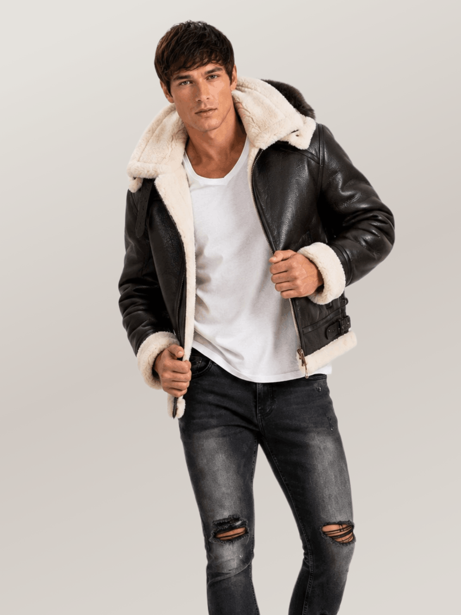 Men's All Black B-3 Hooded Sheepskin Bomber Leather Jacket
