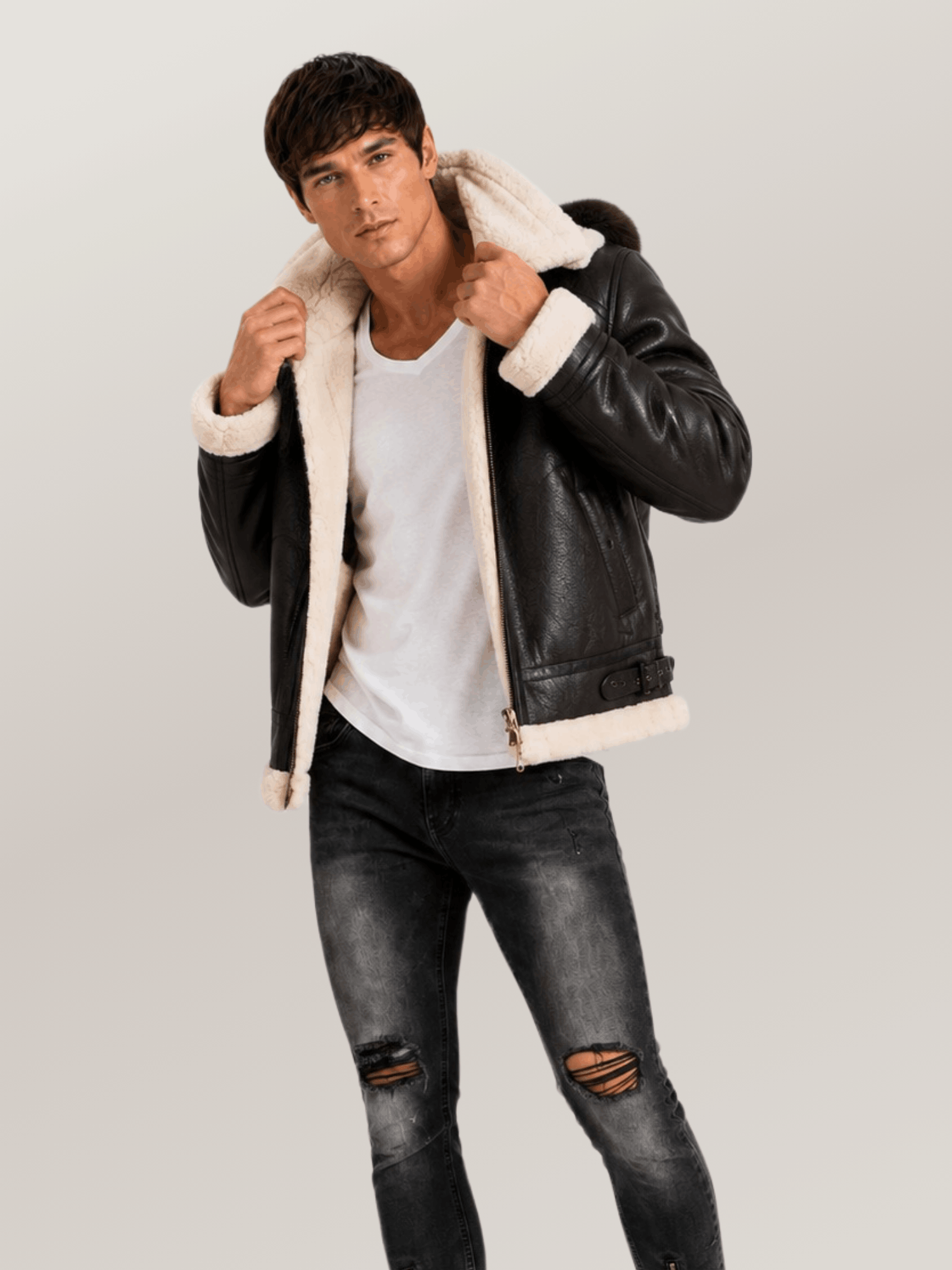 Men's All Black B-3 Hooded Sheepskin Bomber Leather Jacket - Image 6