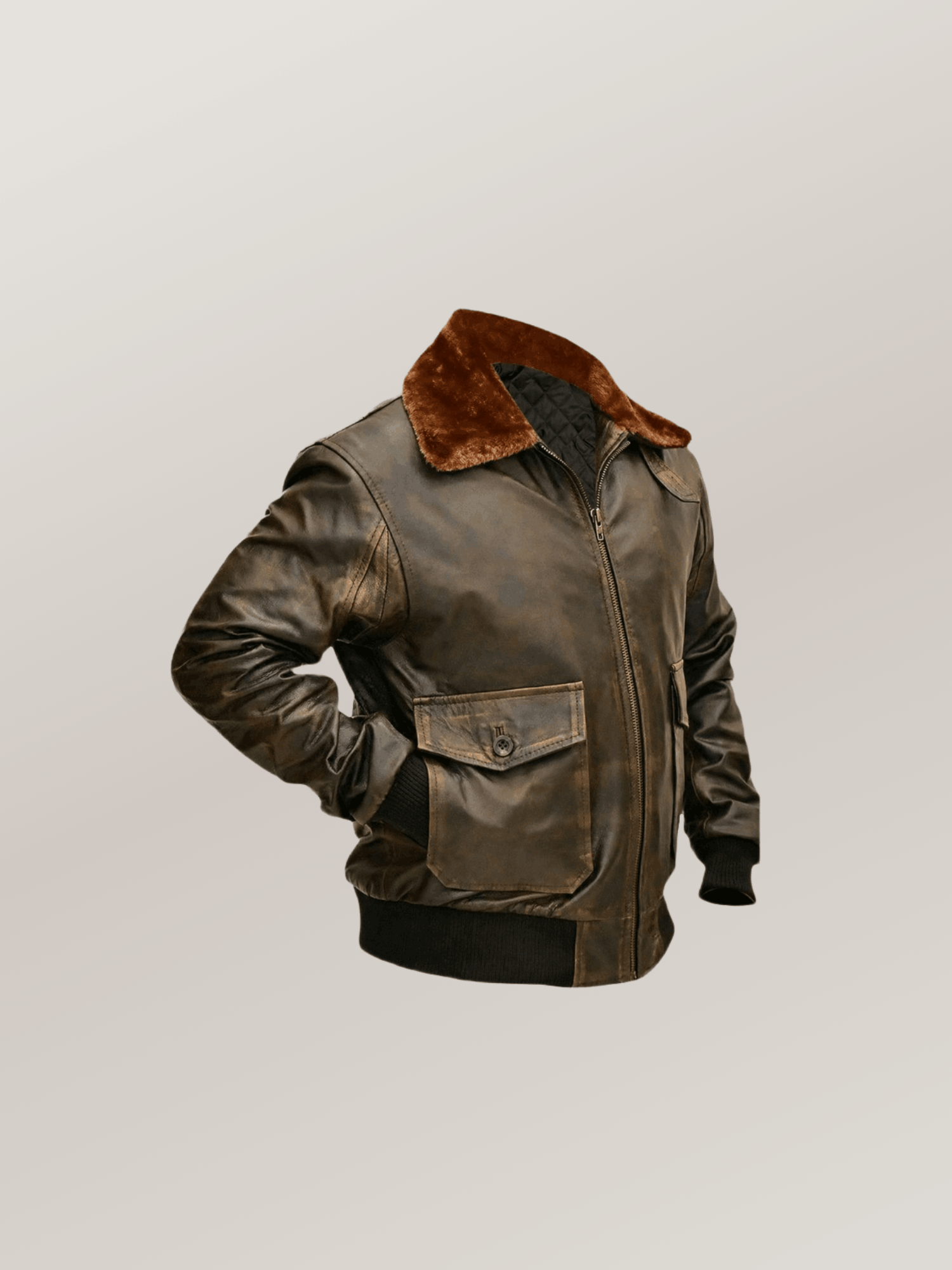 Men’s Brown Cowhide Leather Bomber Jacket Aviator Style Fur Collar - Image 4