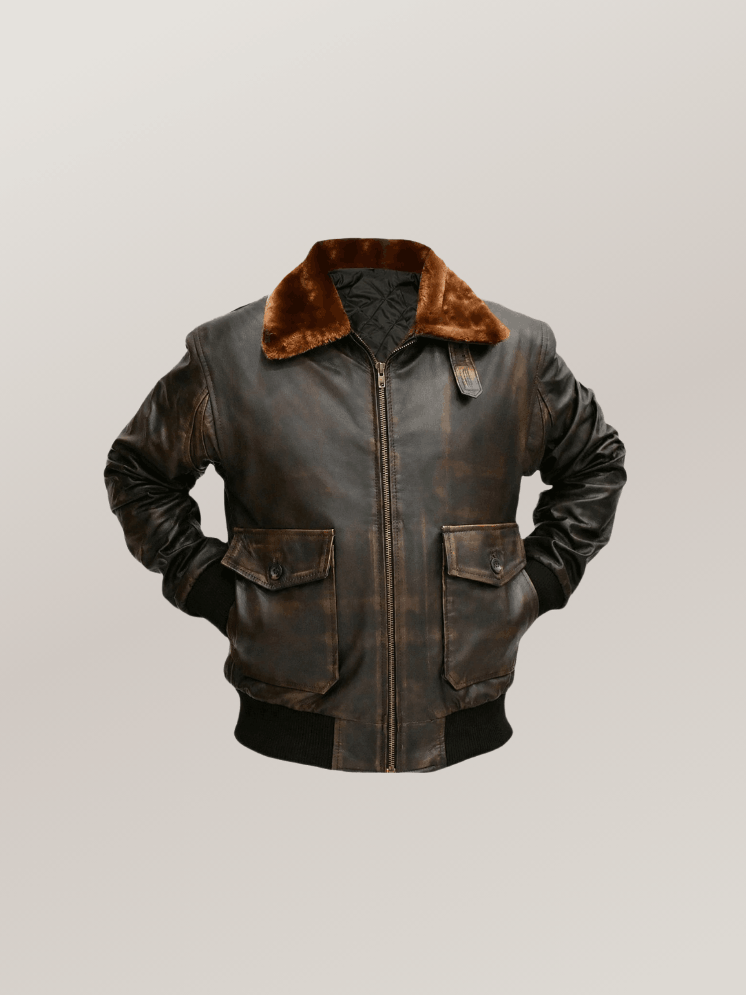 Men’s Brown Cowhide Leather Bomber Jacket Aviator Style Fur Collar - Image 2