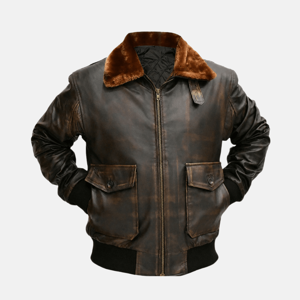Men’s Brown Cowhide Leather Bomber Jacket Aviator Style Fur Collar