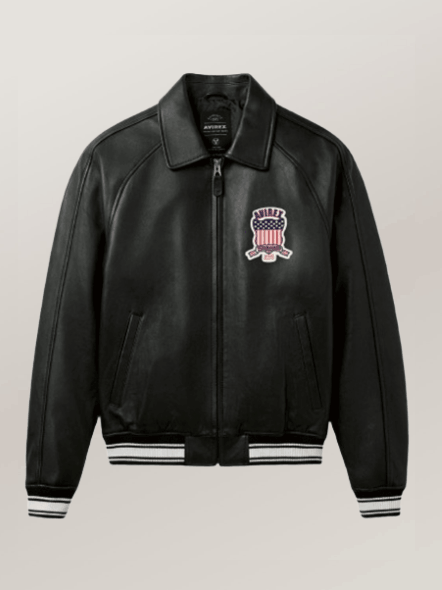 Men's Avirex Real Leather Jacket Black Flight Bomber American Varsity
