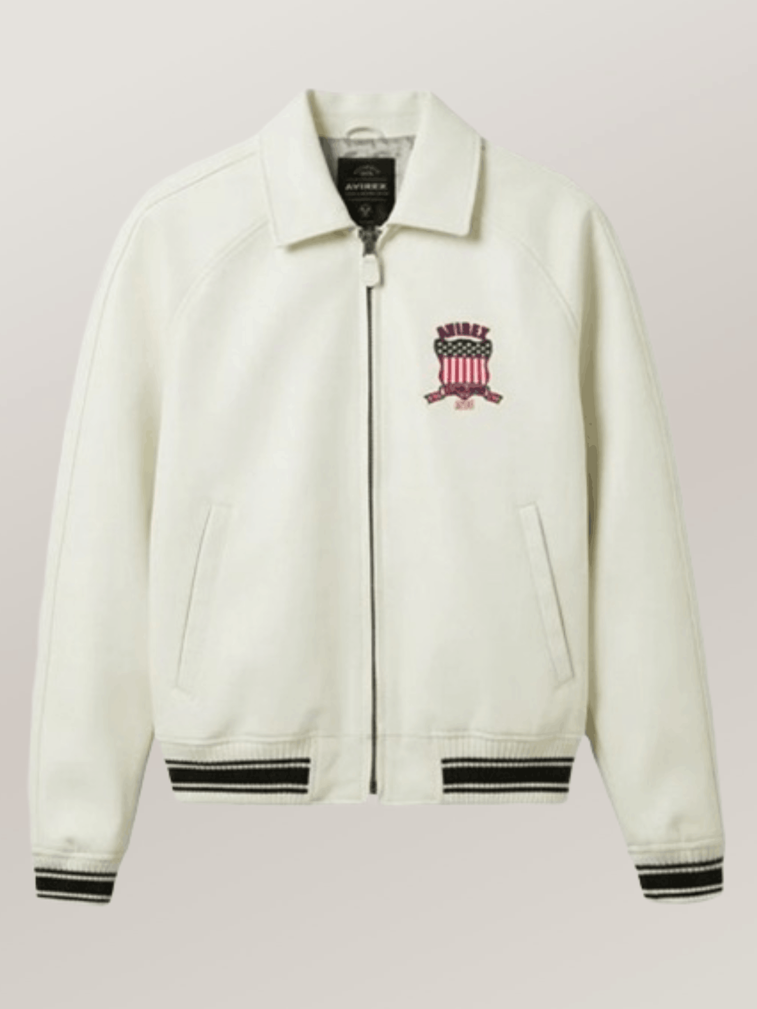 Men’s Avirex Real Leather Jacket White Flight Bomber American Varsity