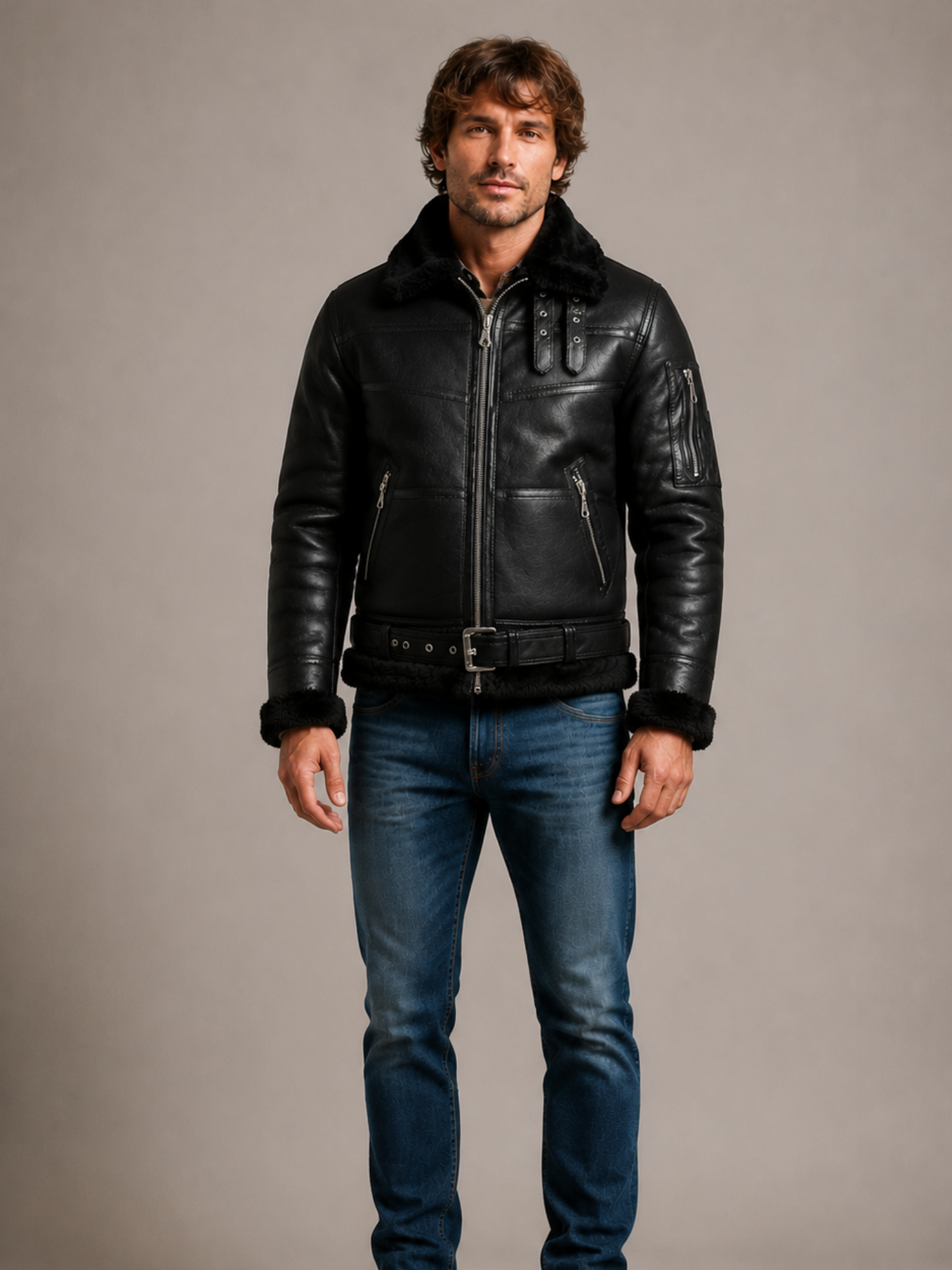 Men's Aviator B16 Sheepskin Black Shearling Jacket - Image 5