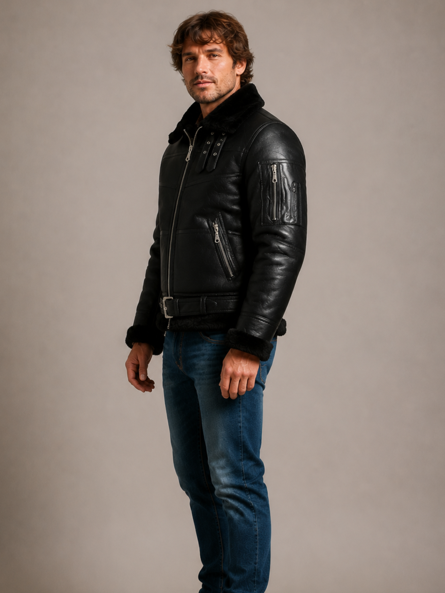 Men's Aviator B16 Sheepskin Black Shearling Jacket - Image 3