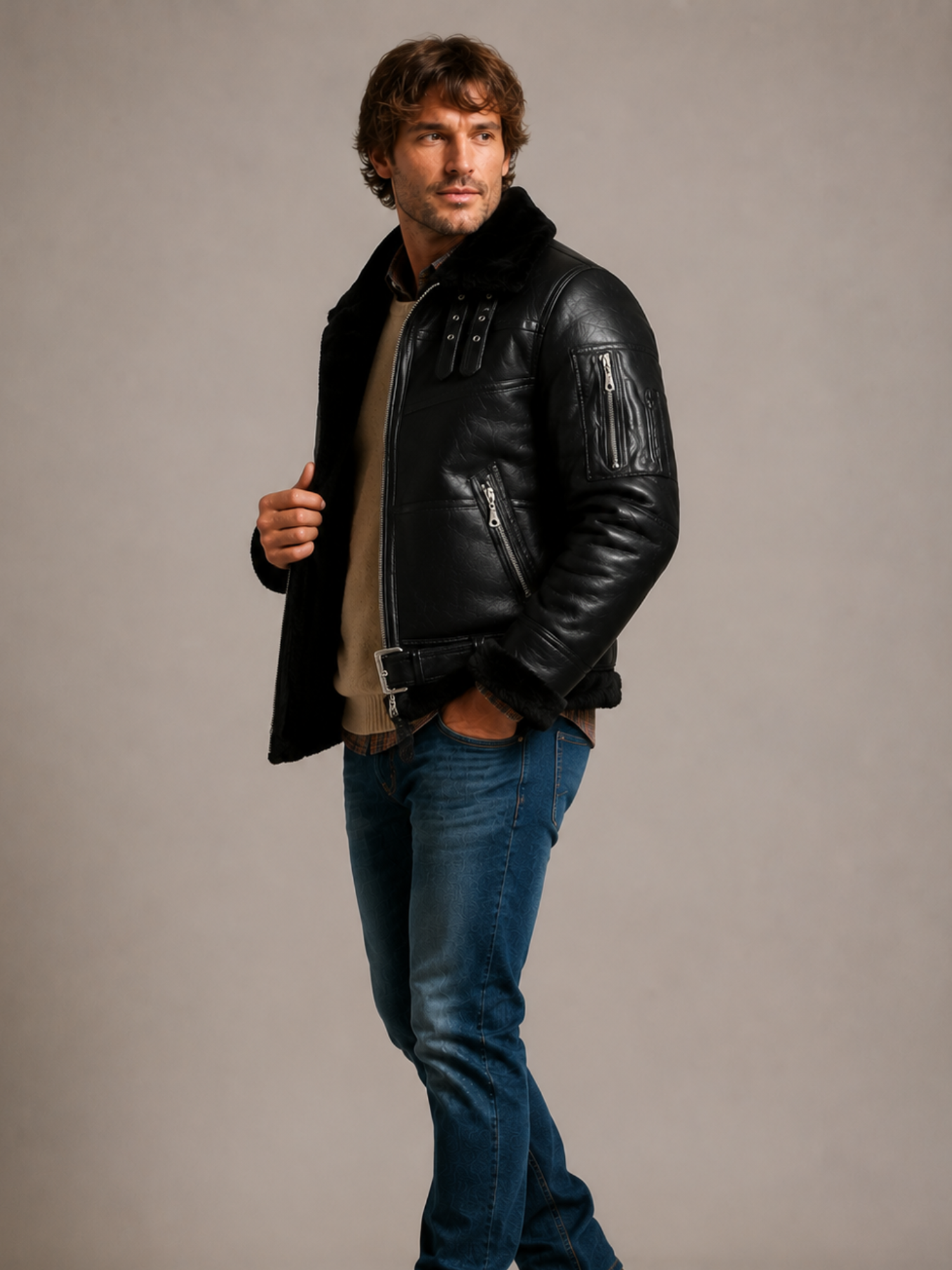 Men's Aviator B16 Sheepskin Black Shearling Jacket - Image 4