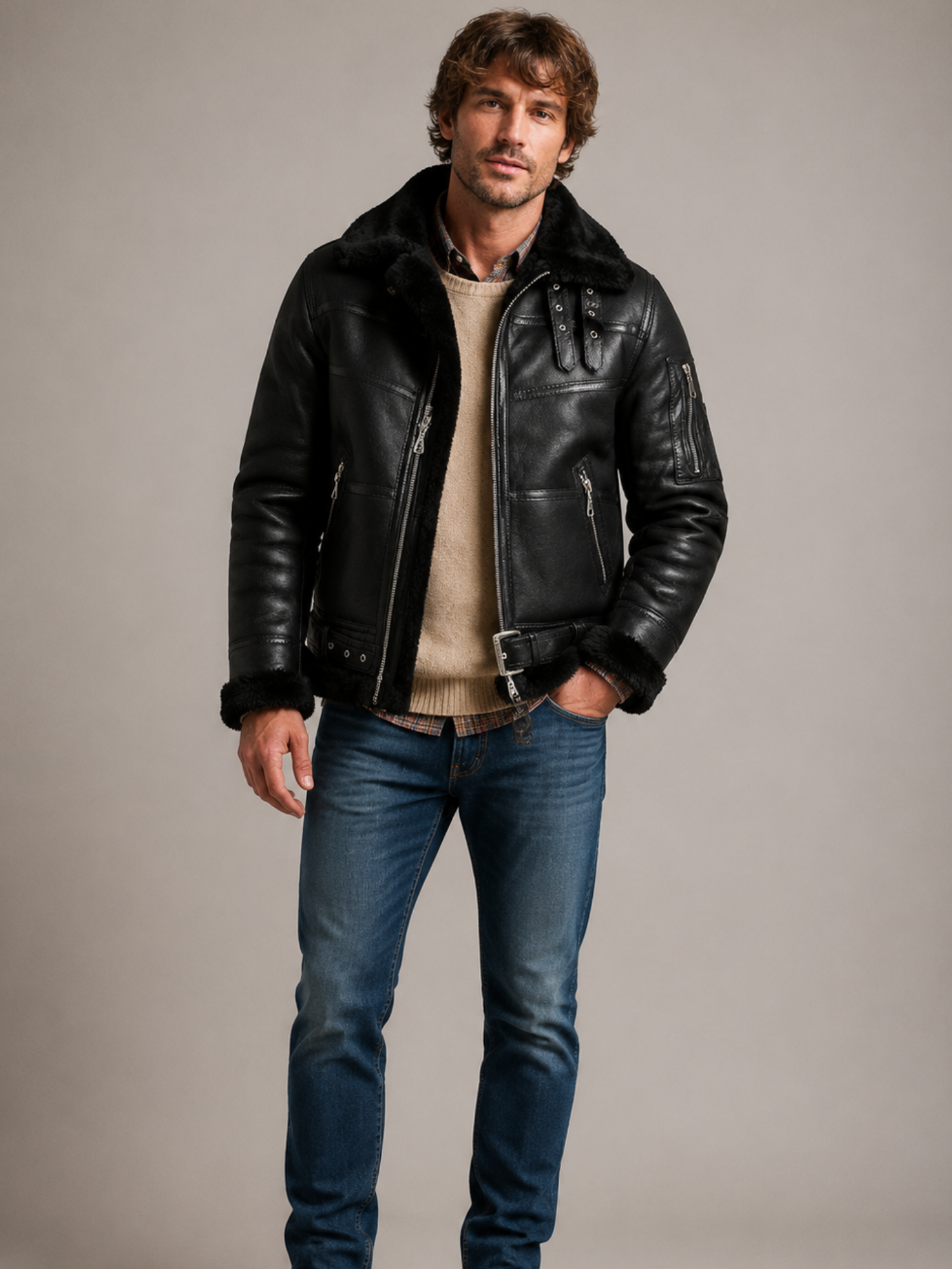 Men's Aviator B16 Sheepskin Black Shearling Jacket - Image 6