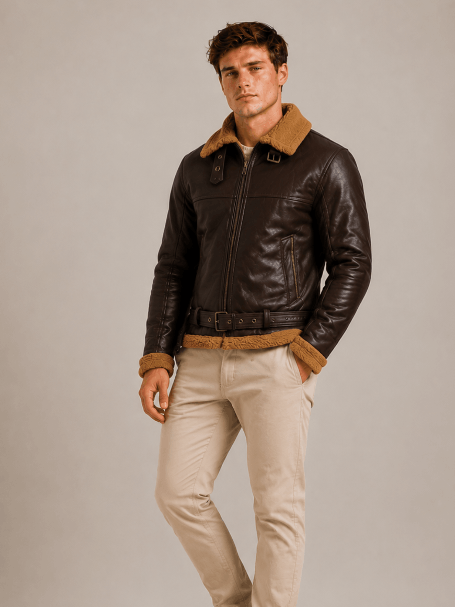 Men's B3 Flying Aviator Pilot Shearling Brown Jacket - Image 5