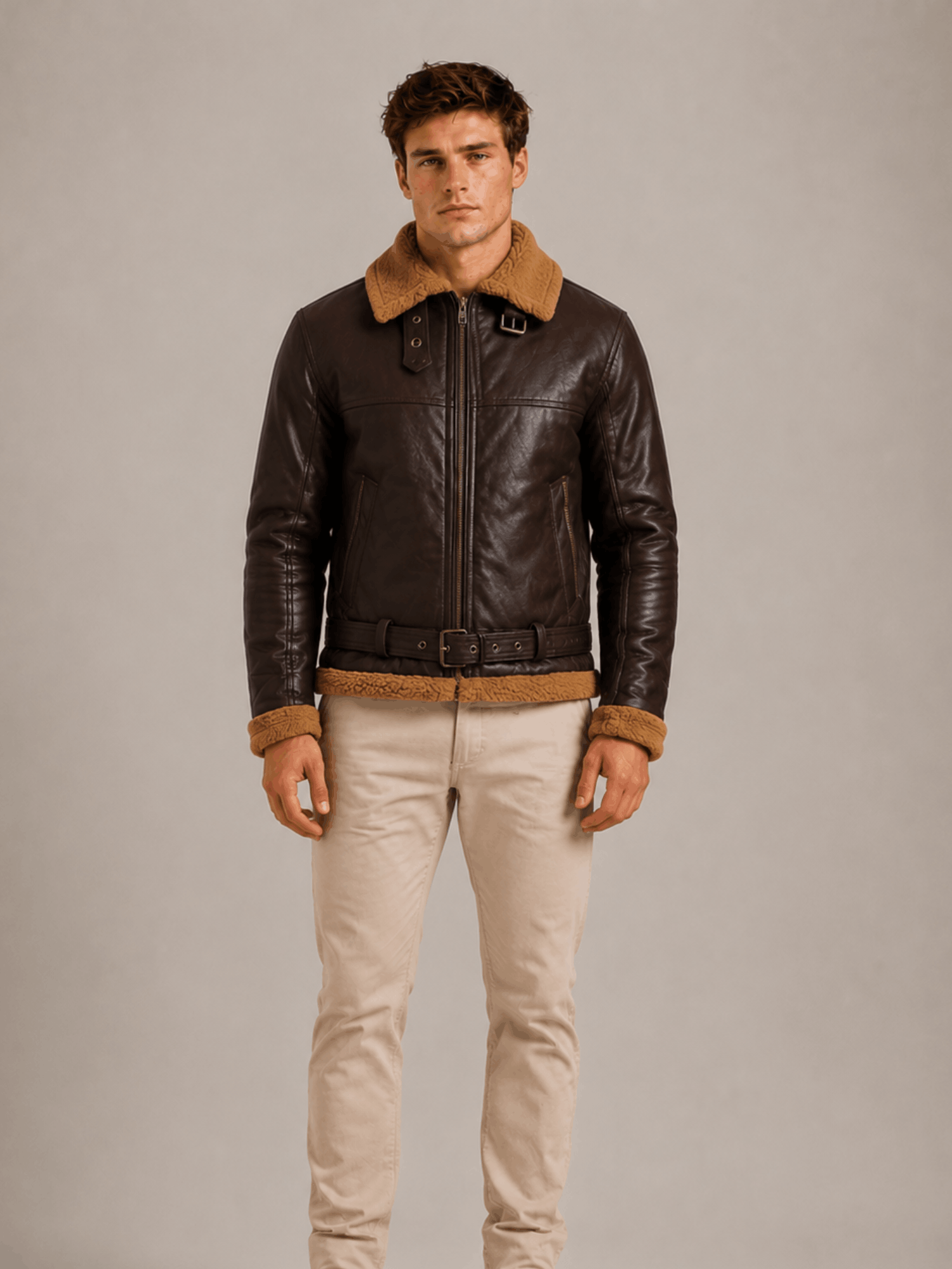 Men's B3 Flying Aviator Pilot Shearling Brown Jacket - Image 6