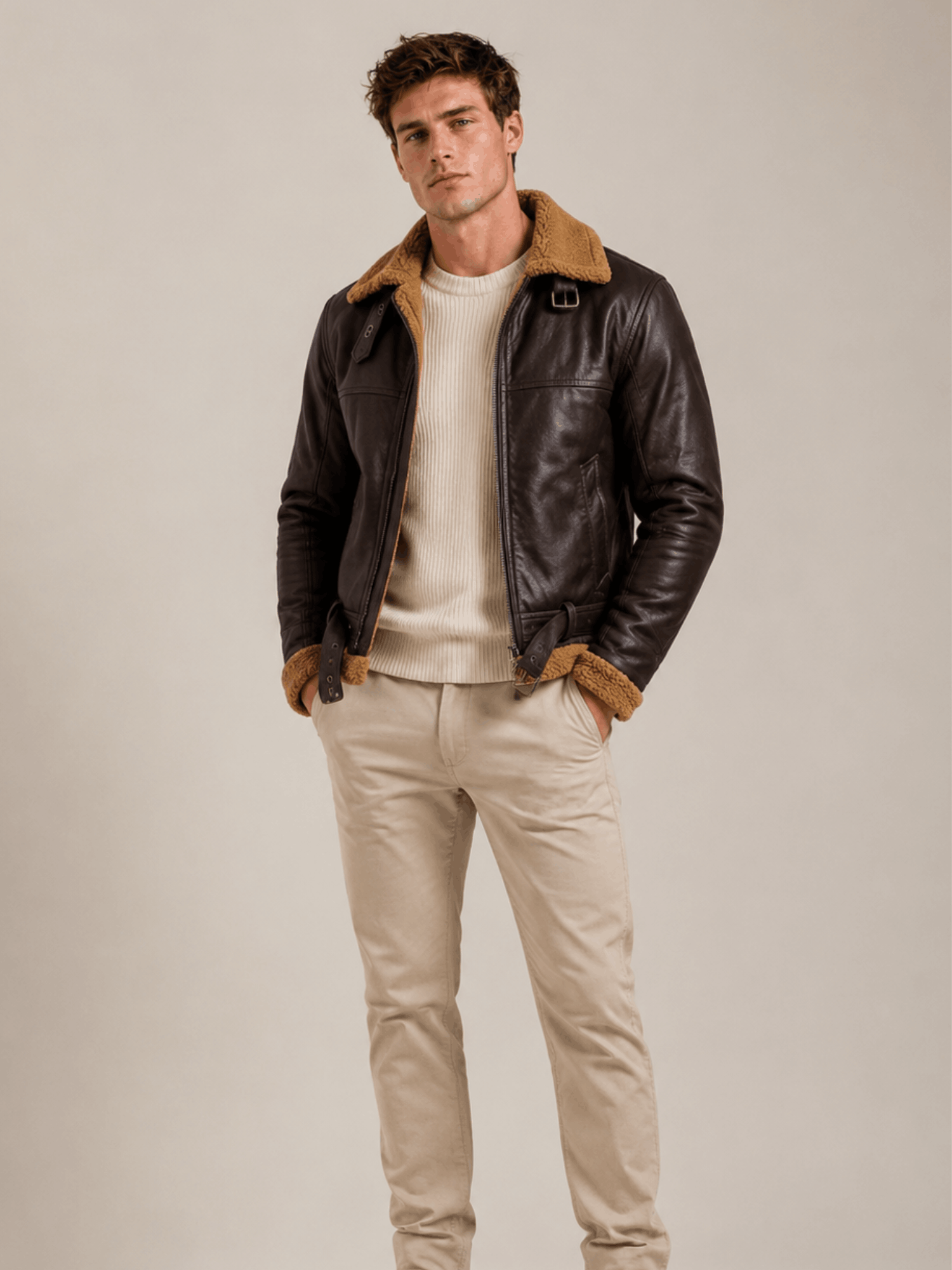 Men's B3 Flying Aviator Pilot Shearling Brown Jacket - Image 4