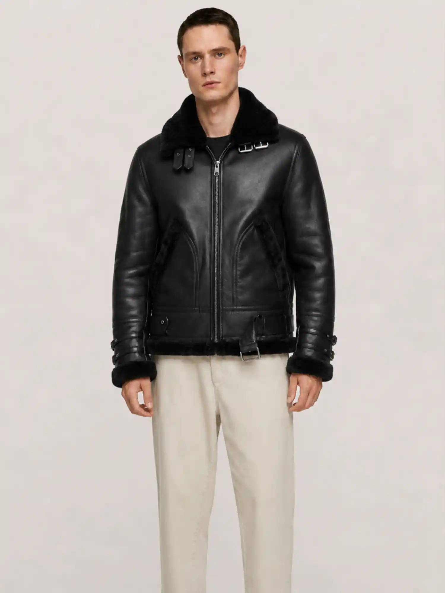 Men's Shearling Black Aviator Double Collar leather Jacket - Image 6