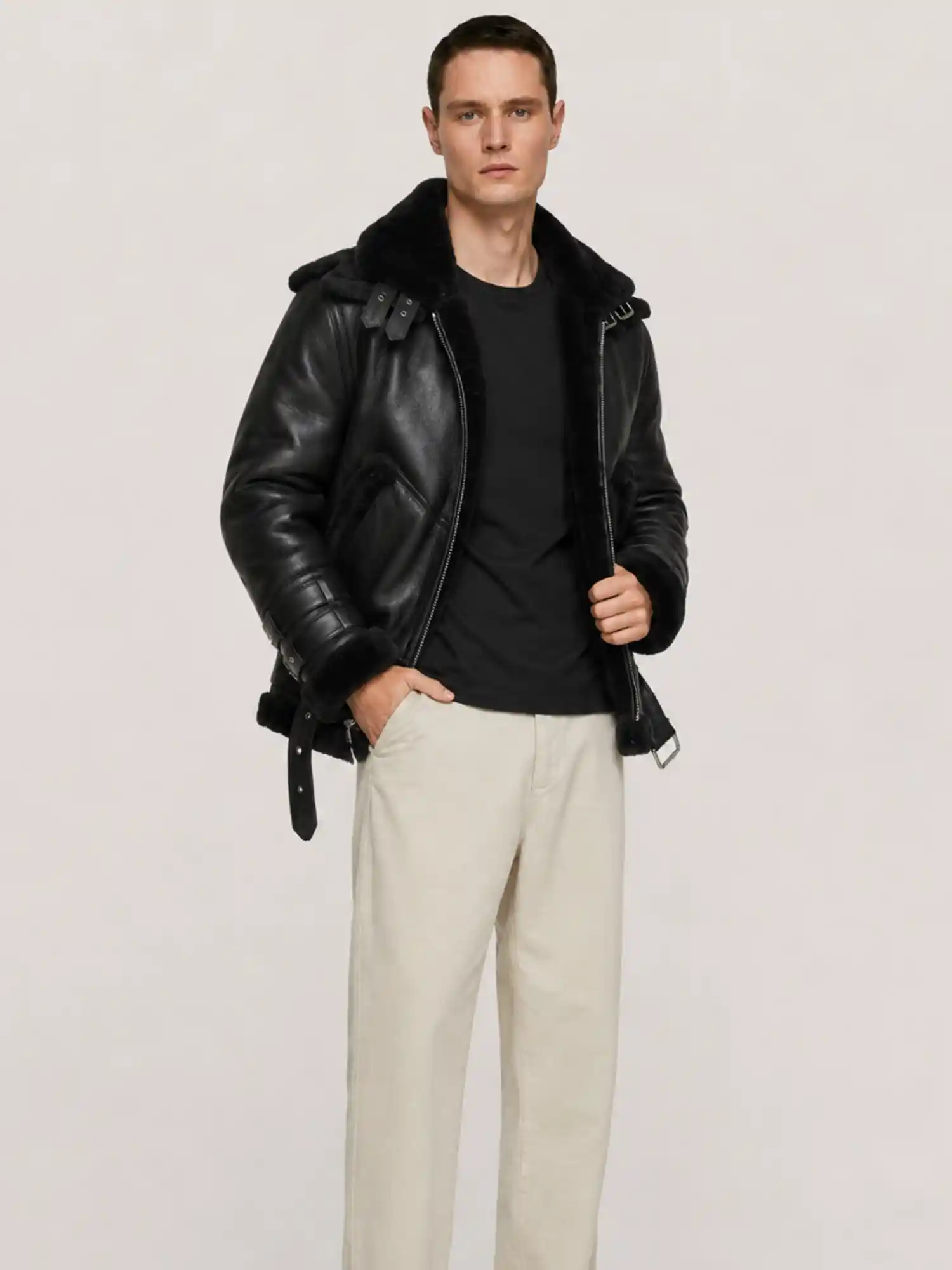 Men's Shearling Black Aviator Double Collar leather Jacket - Image 5