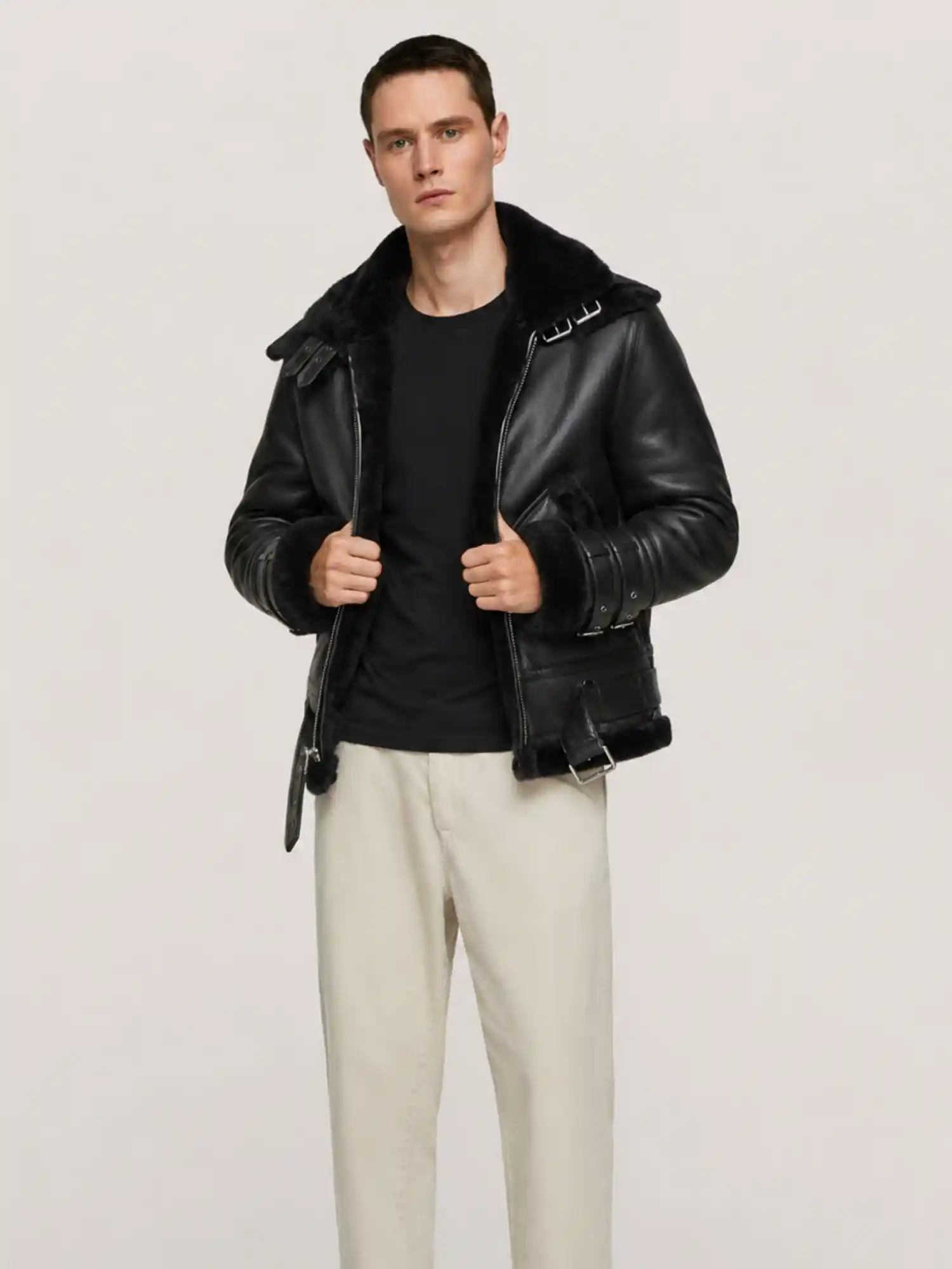 Men's Shearling Black Aviator Double Collar leather Jacket