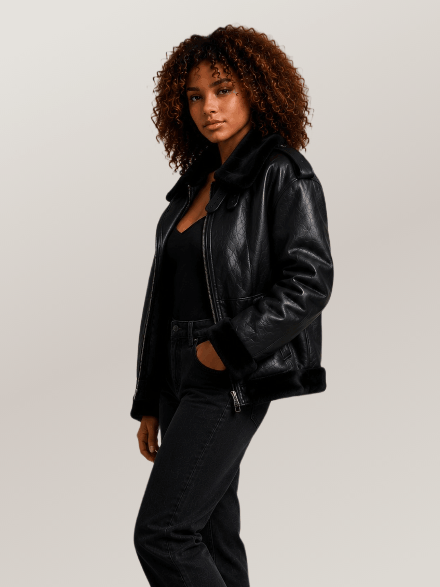 Women's Black B-3 Bomber Leather Jacket - Image 3