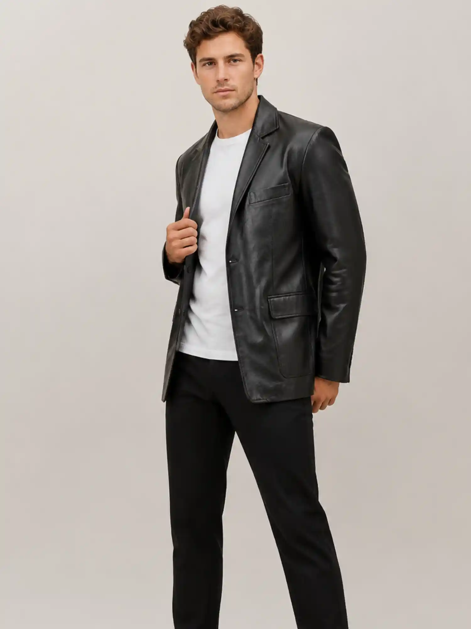 Men's Sheepskin Black Leather Blazer - Image 5