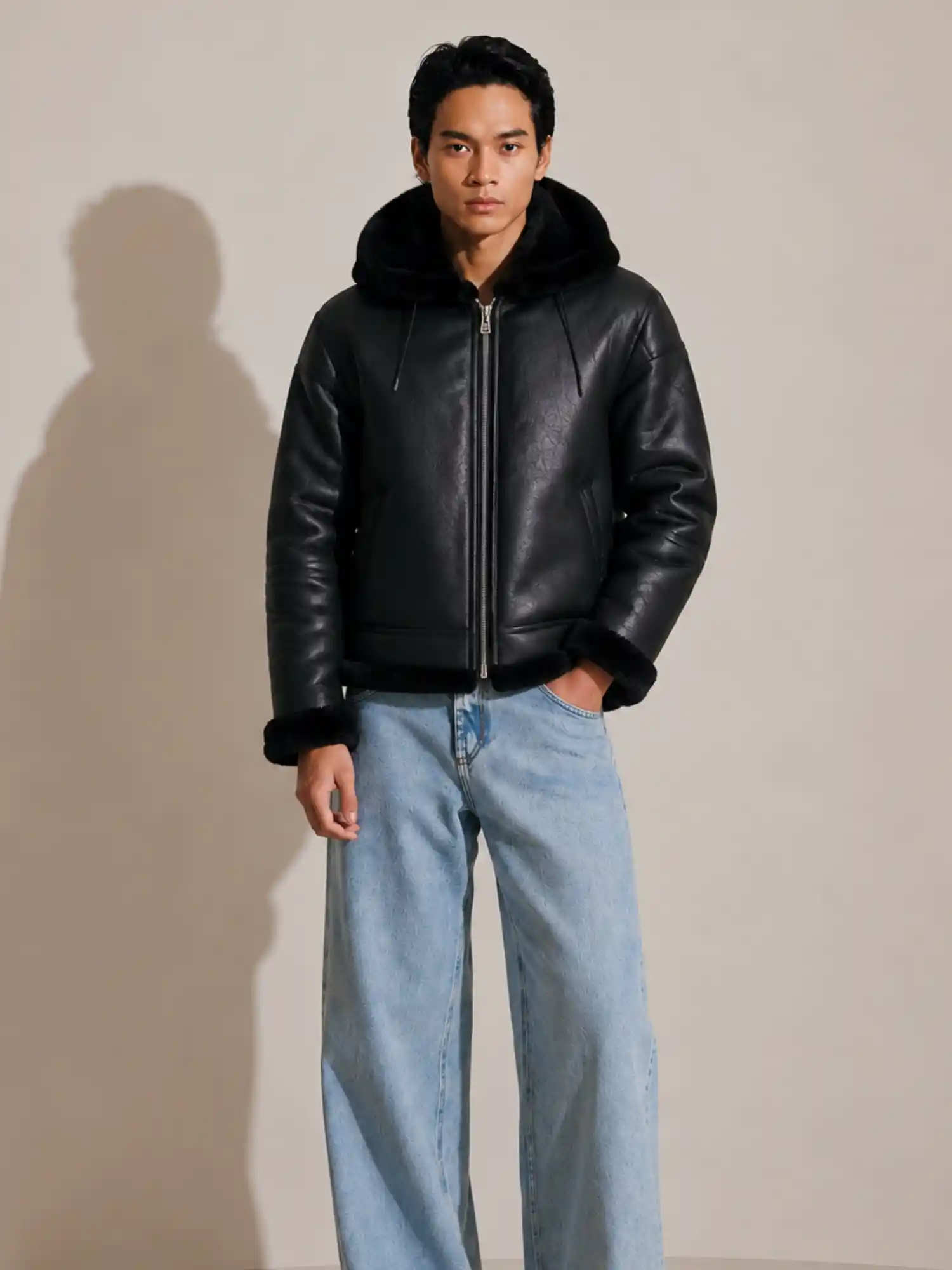 Men's Shearling Black Bomber Style With Fur Hood - Image 4