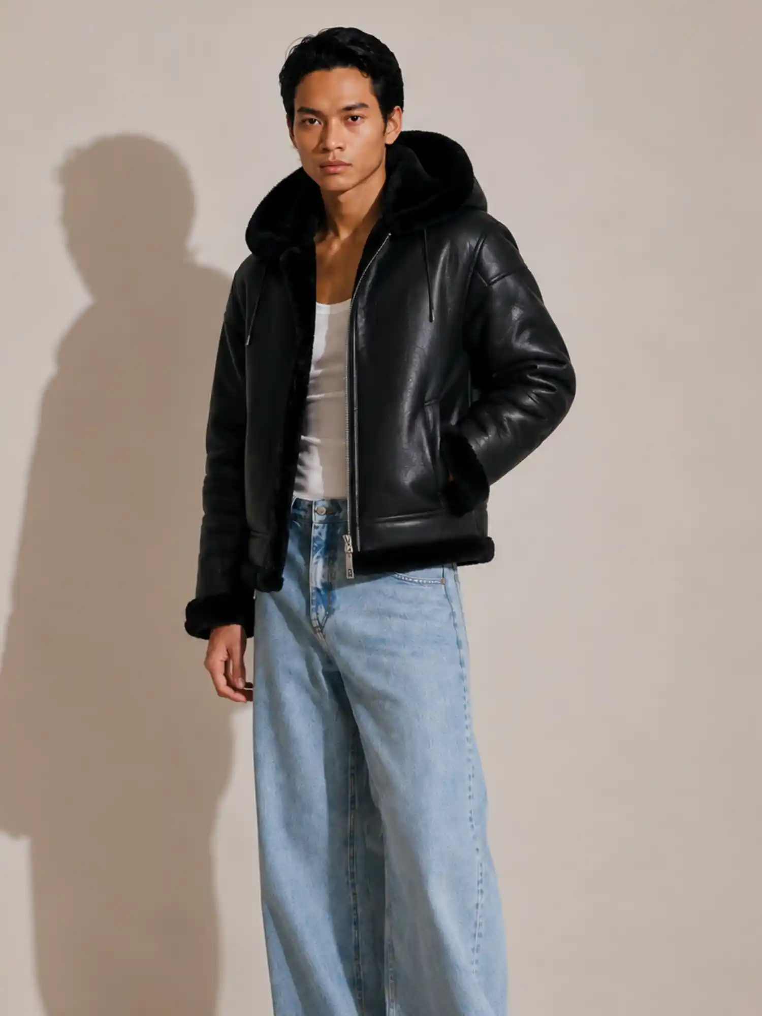 Men's Shearling Black Bomber Style With Fur Hood - Image 5