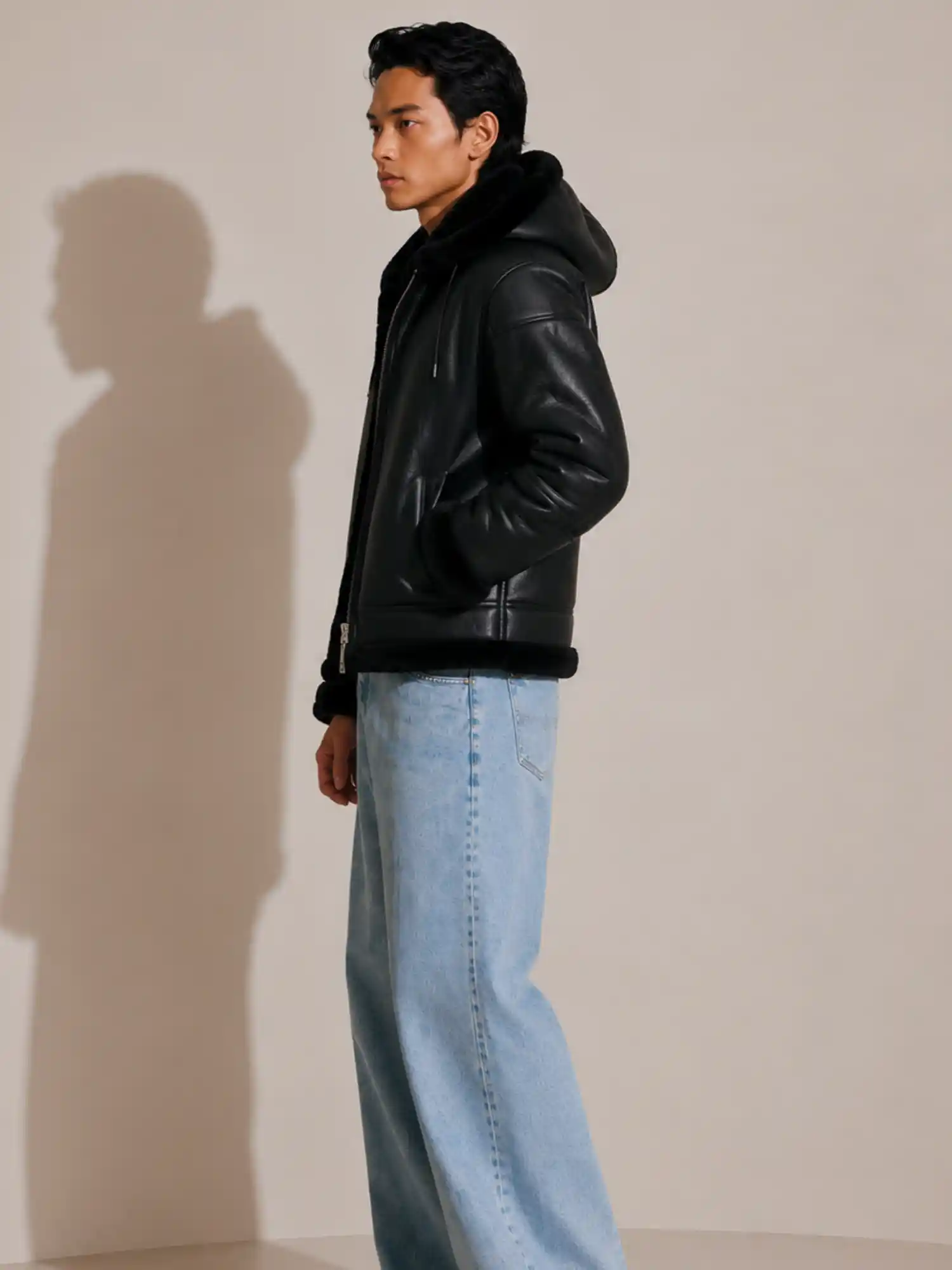 Men's Shearling Black Bomber Style With Fur Hood - Image 3