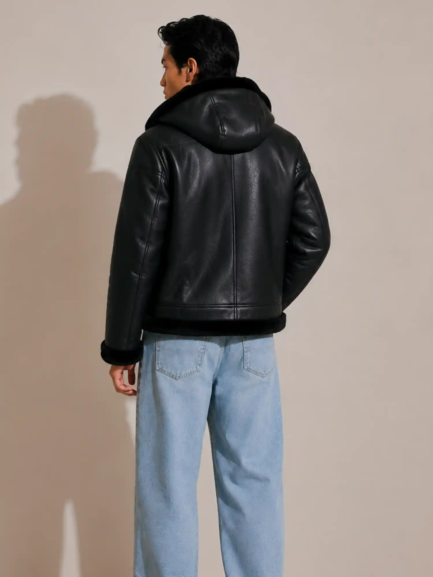 Men's Shearling Black Bomber Style With Fur Hood - Image 2