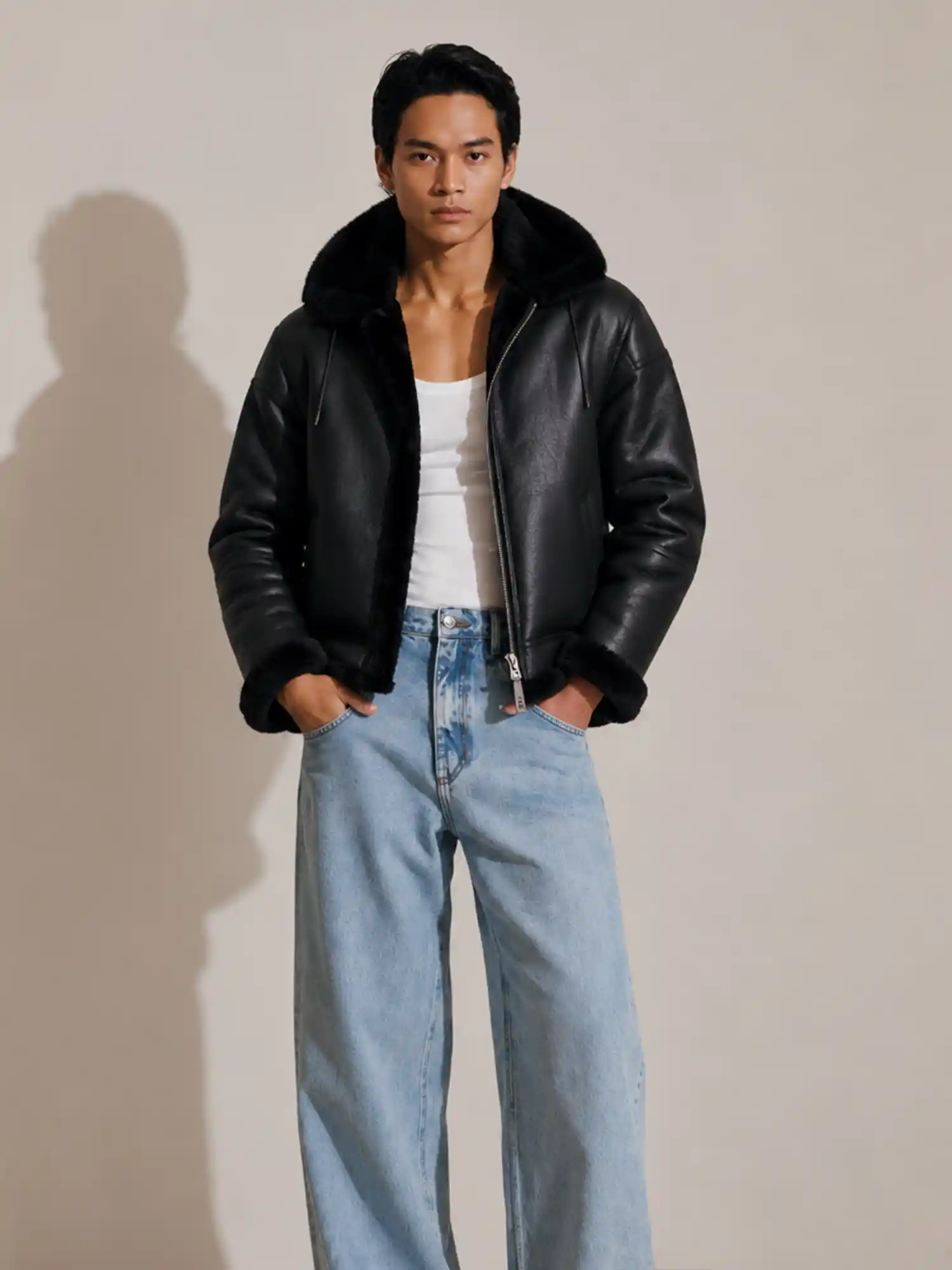 Men's Shearling Black Bomber Style With Fur Hood
