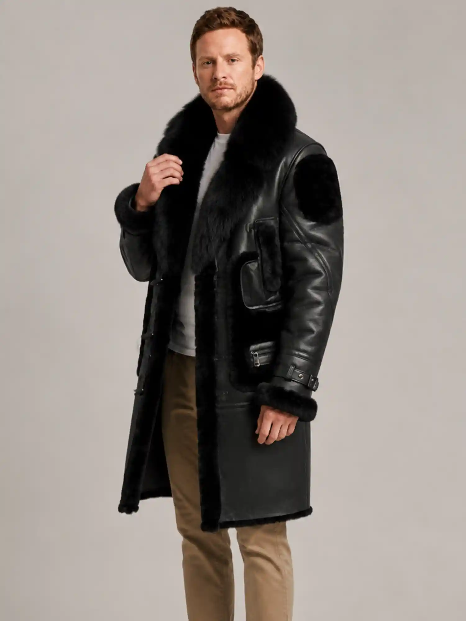 Men's Black Shearling Crystal fur Leather Coat - Image 4