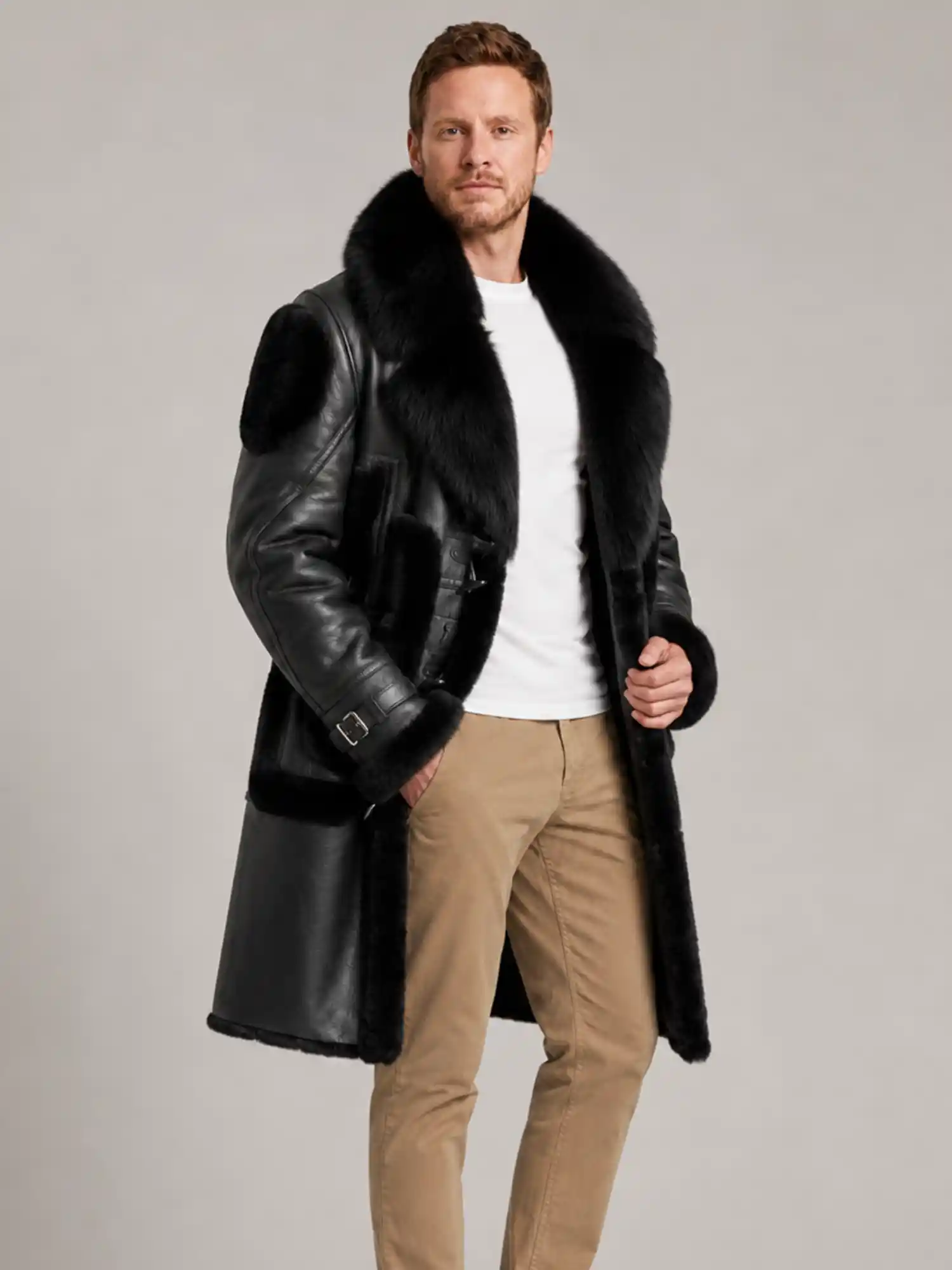 Men's Black Shearling Crystal fur Leather Coat - Image 5