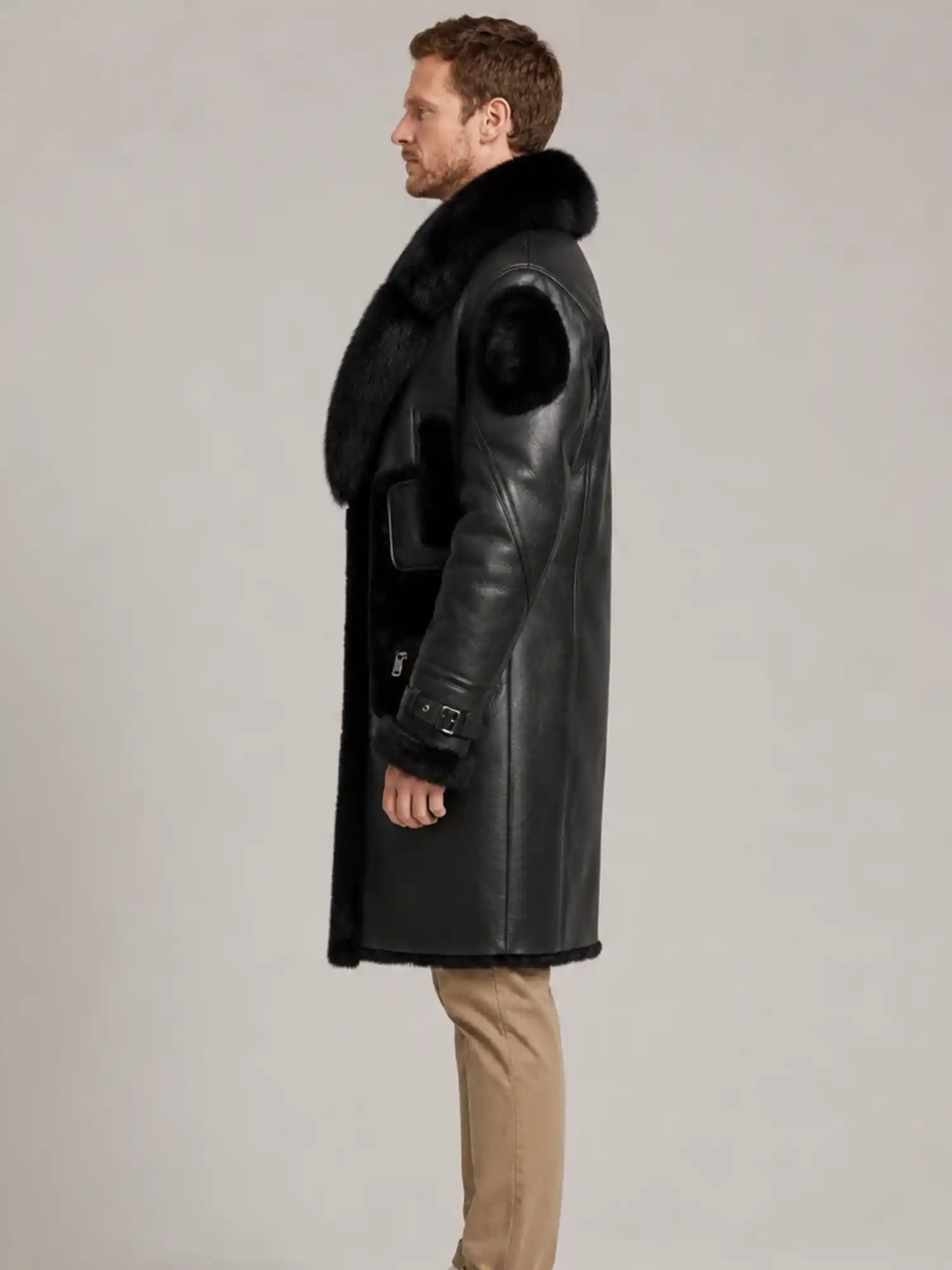 Men's Black Shearling Crystal fur Leather Coat - Image 3