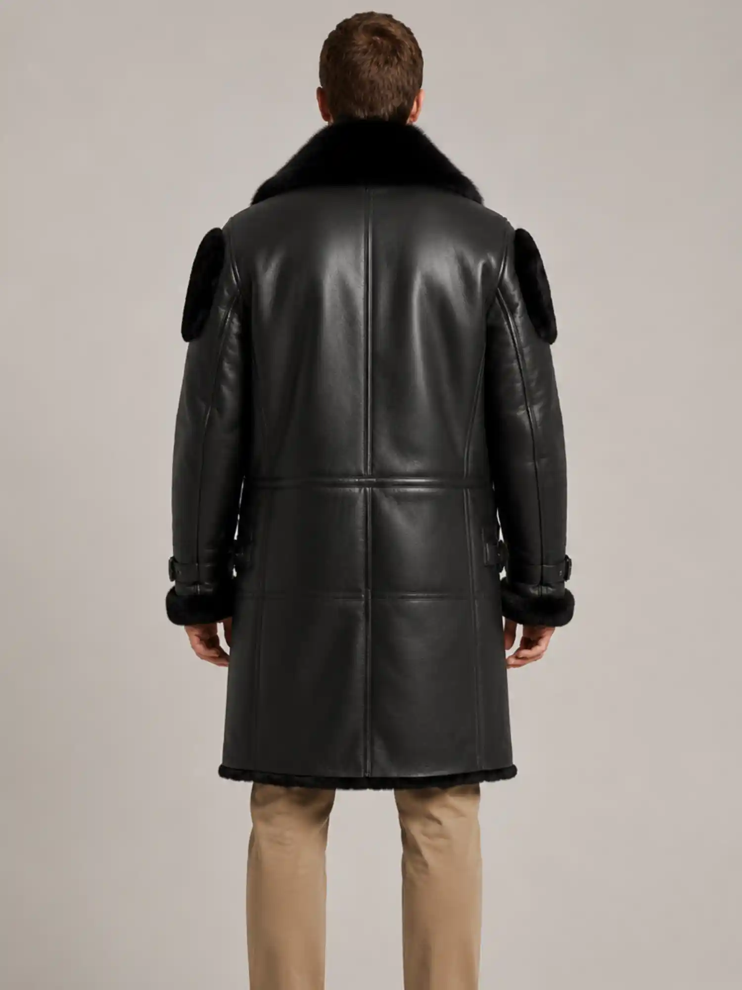 Men's Black Shearling Crystal fur Leather Coat - Image 2