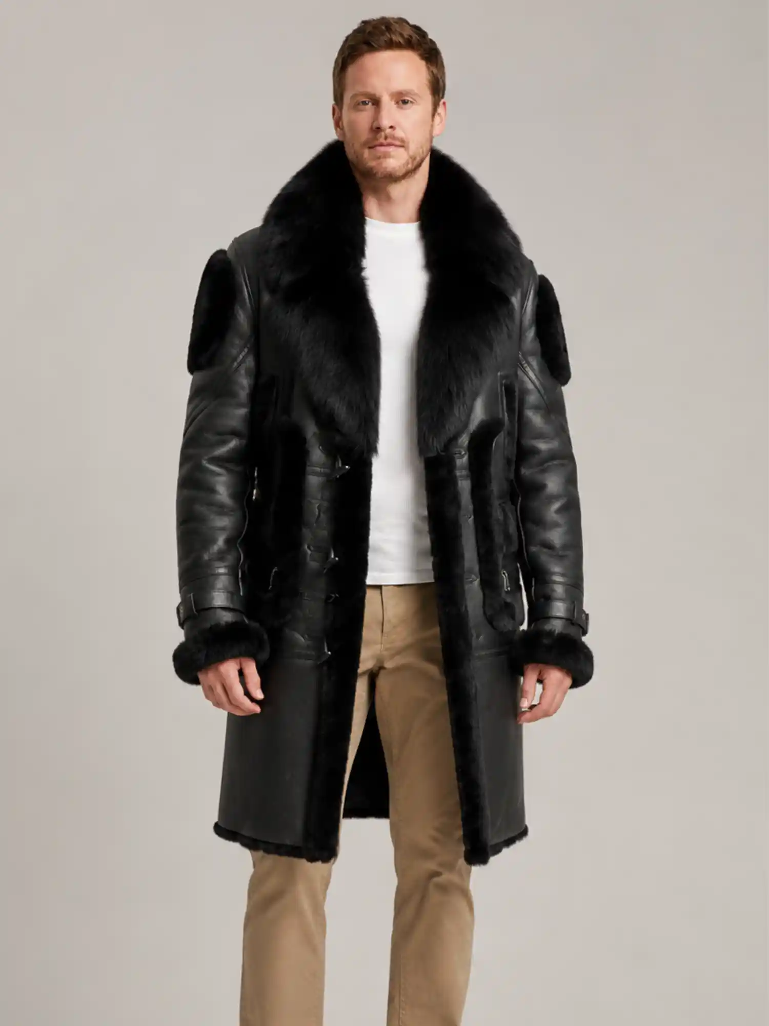 Men's Black Shearling Crystal fur Leather Coat