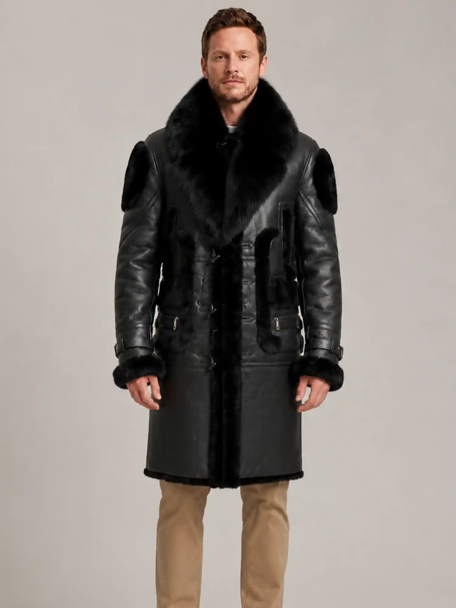 Men's Black Shearling Crystal fur Leather Coat - Image 6