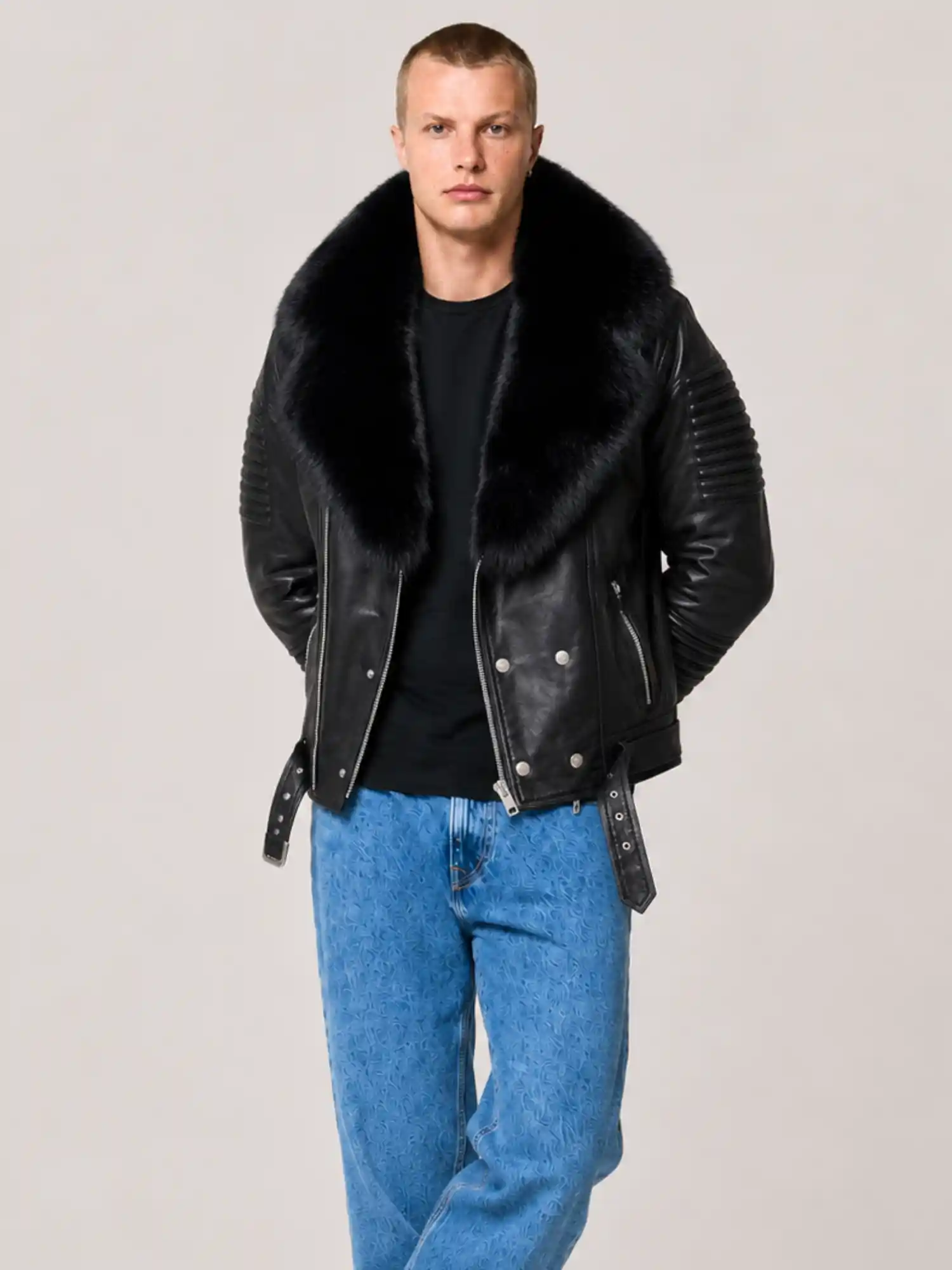 Men's Black Biker Ribbles Leather Jacket - Image 3