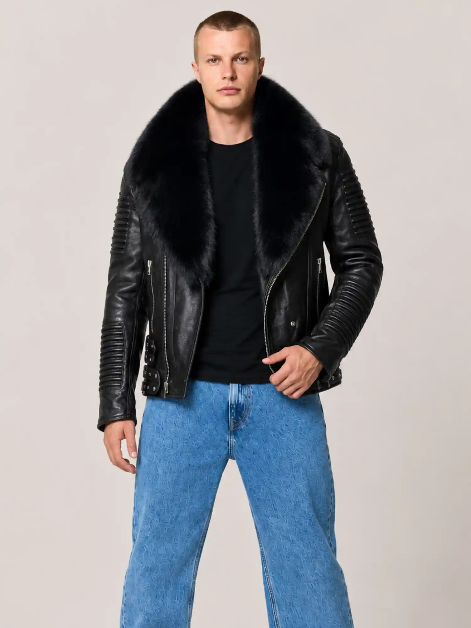 Men's Black Biker Ribbles Leather Jacket