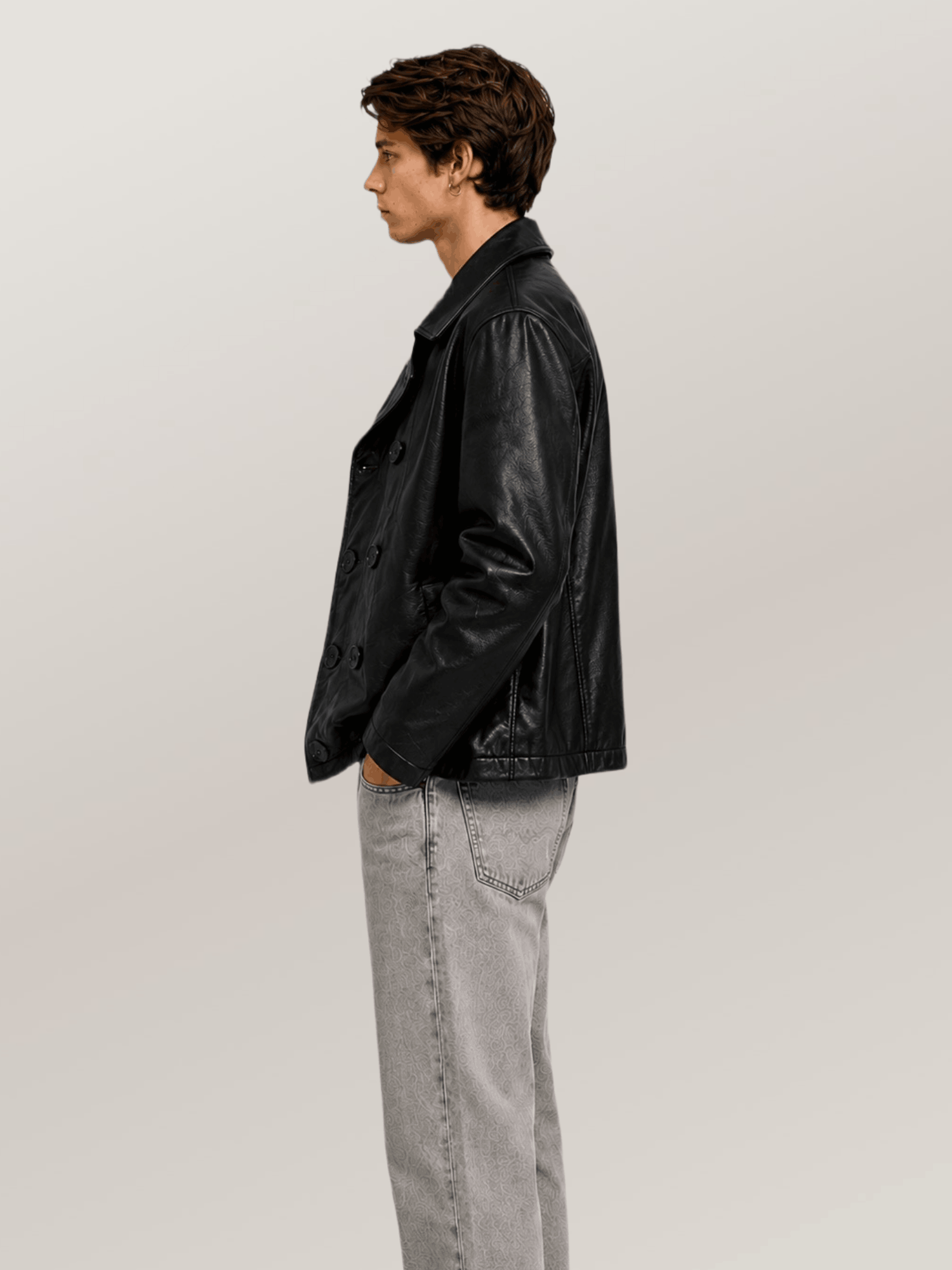 Men's Black Naval Short Leather Peacoat - Image 3