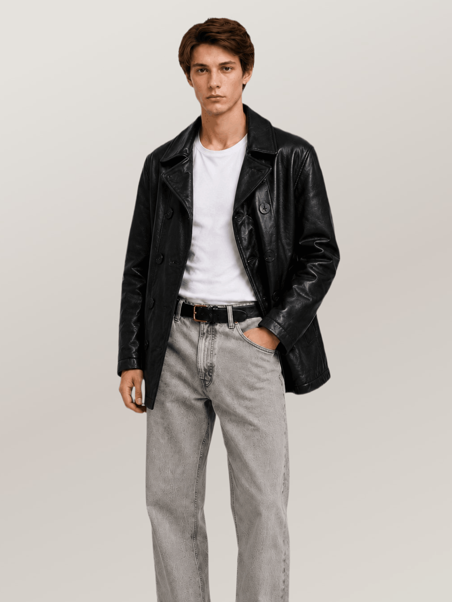 Men's Black Naval Short Leather Peacoat