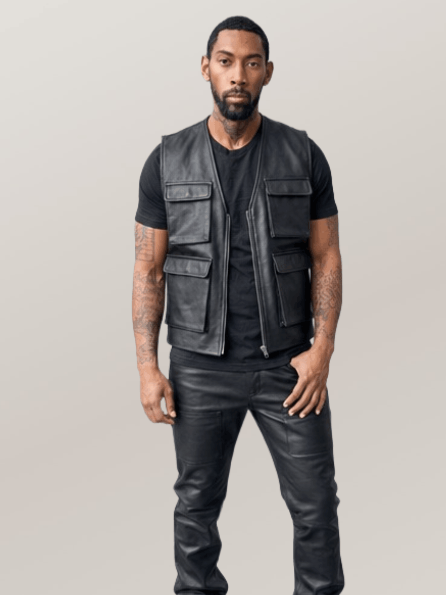 Men's Leather Military Vest Black - Image 5