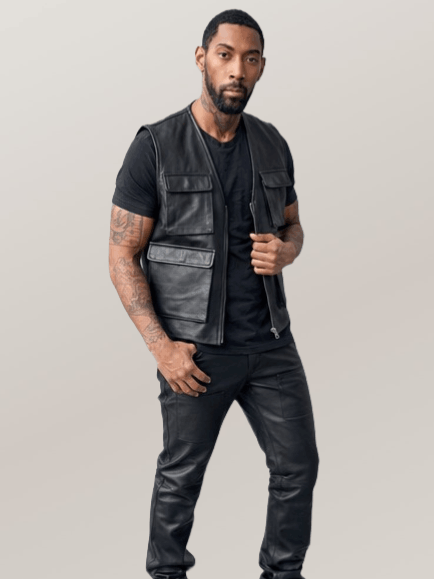 Men's Leather Military Vest Black - Image 4