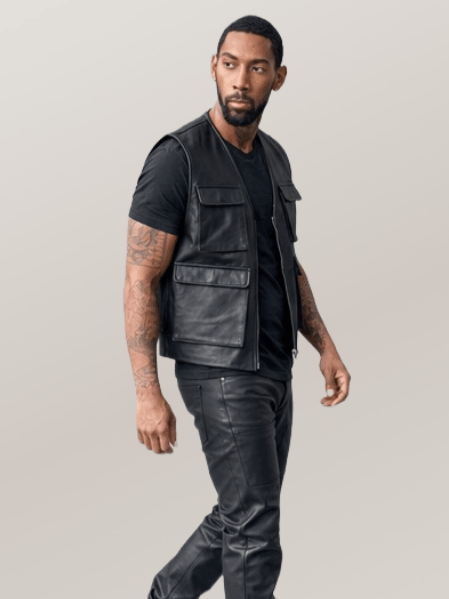 Men's Leather Military Vest Black - Image 3